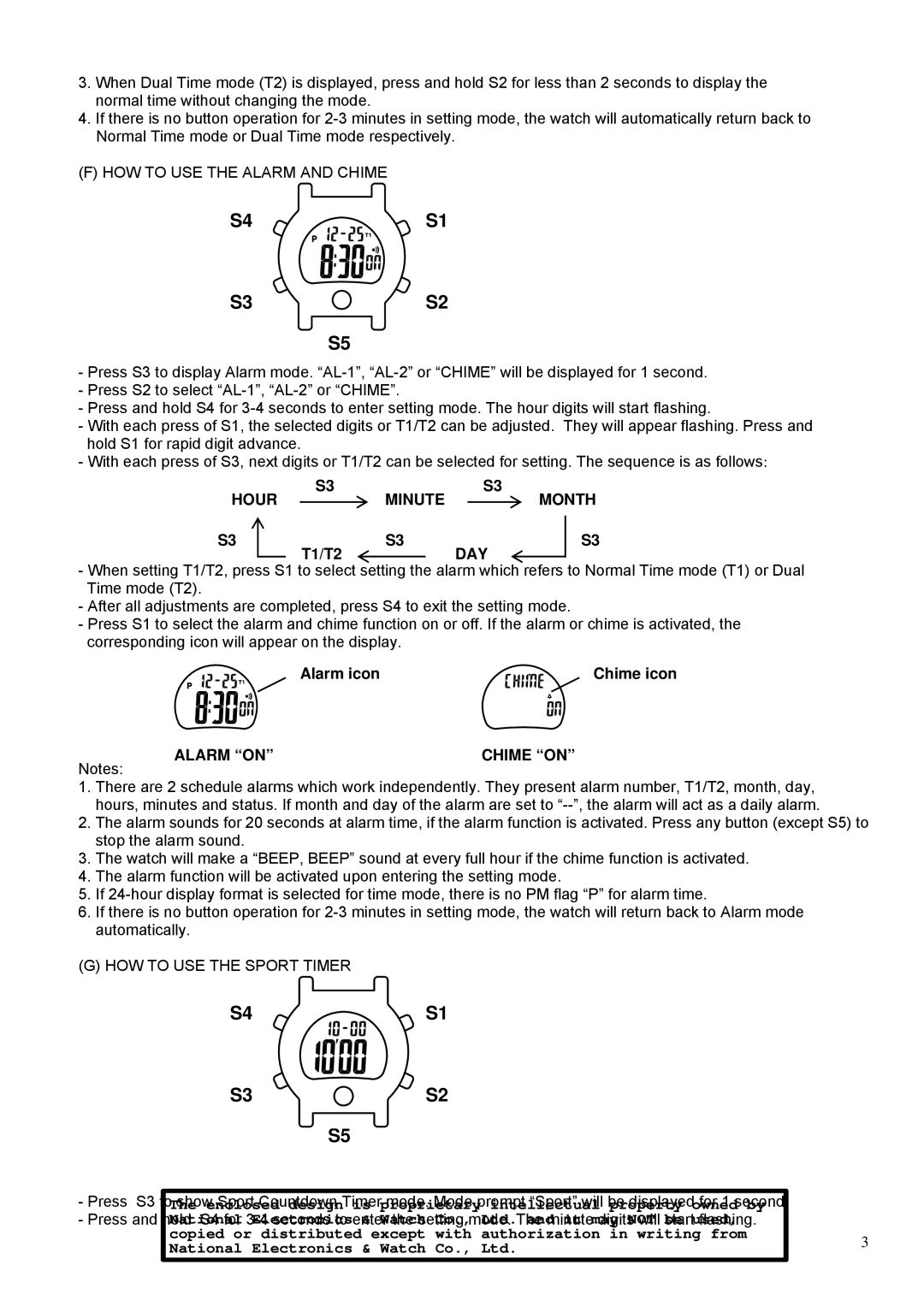 Robic SC-587 HOW to USE the Alarm and Chime, Hour Minute Month, Alarm on Chime on, HOW to USE the Sport Timer 