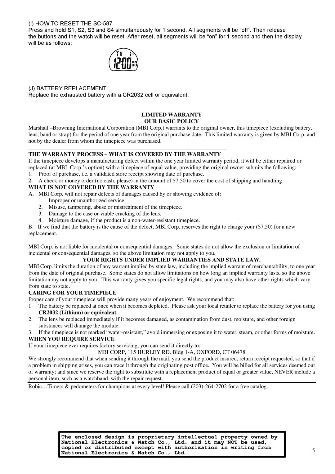 Robic operating instructions HOW to Reset the SC-587, Battery Replacement 