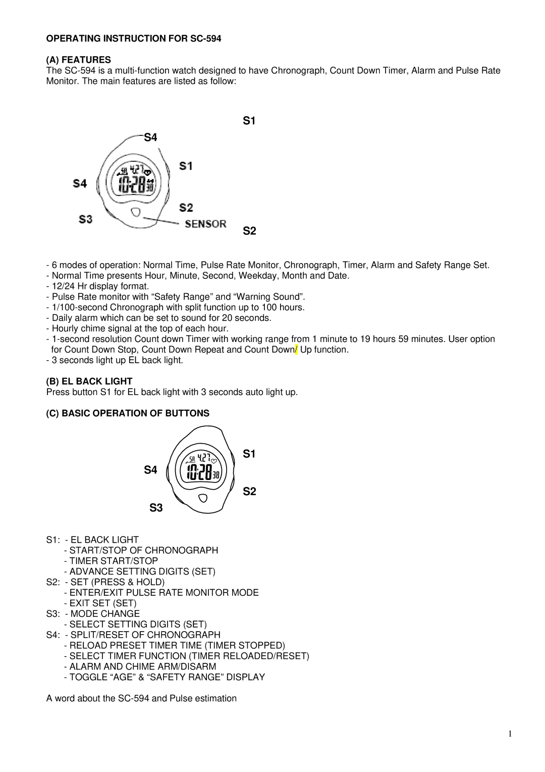 Robic manual Operating Instruction for SC-594 Features, EL Back Light, Basic Operation of Buttons 