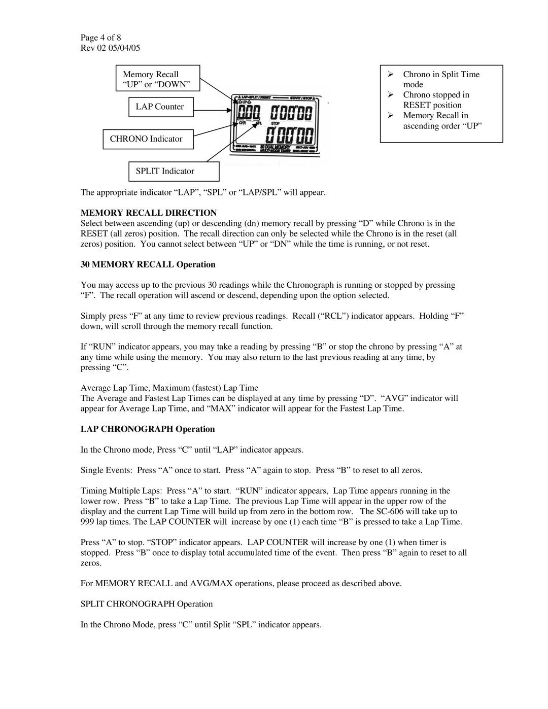 Robic SC-606 manual Memory Recall Direction, Memory Recall Operation, LAP Chronograph Operation 