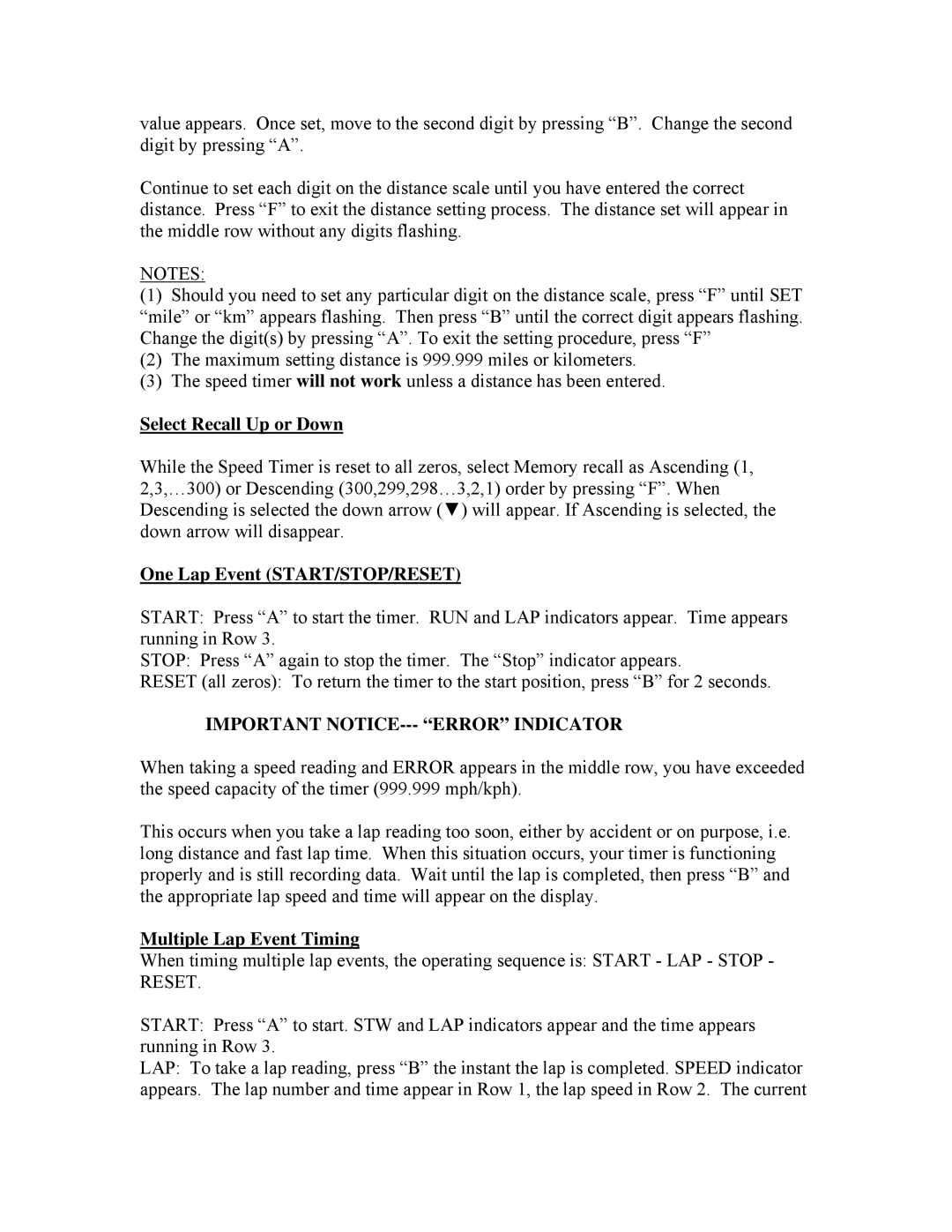 Robic SC-848W-300 One Lap Event START/STOP/RESET, Important NOTICE--- Error Indicator, Multiple Lap Event Timing, Reset 