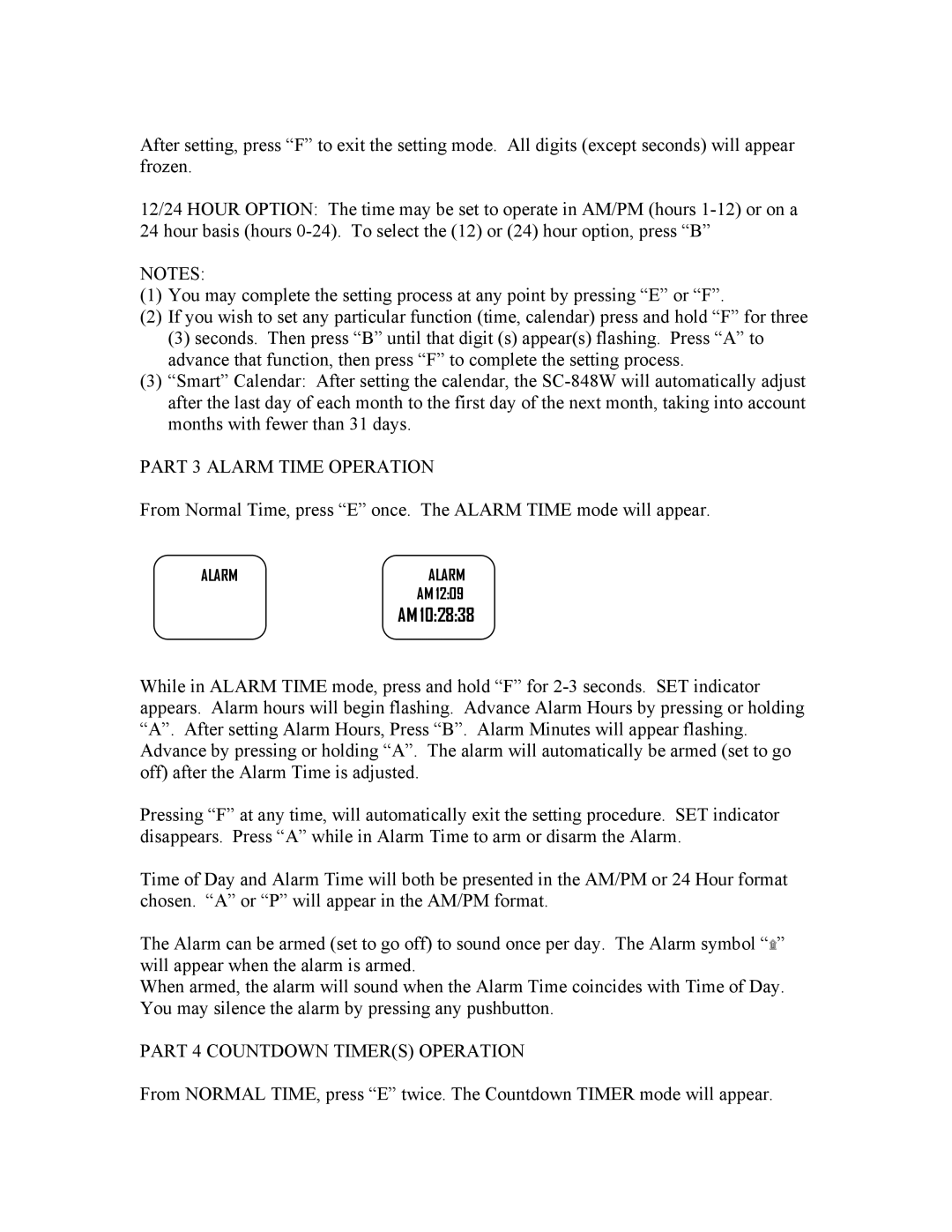 Robic SC-848W-300 warranty Part 3 Alarm Time Operation, Part 4 Countdown Timers Operation 