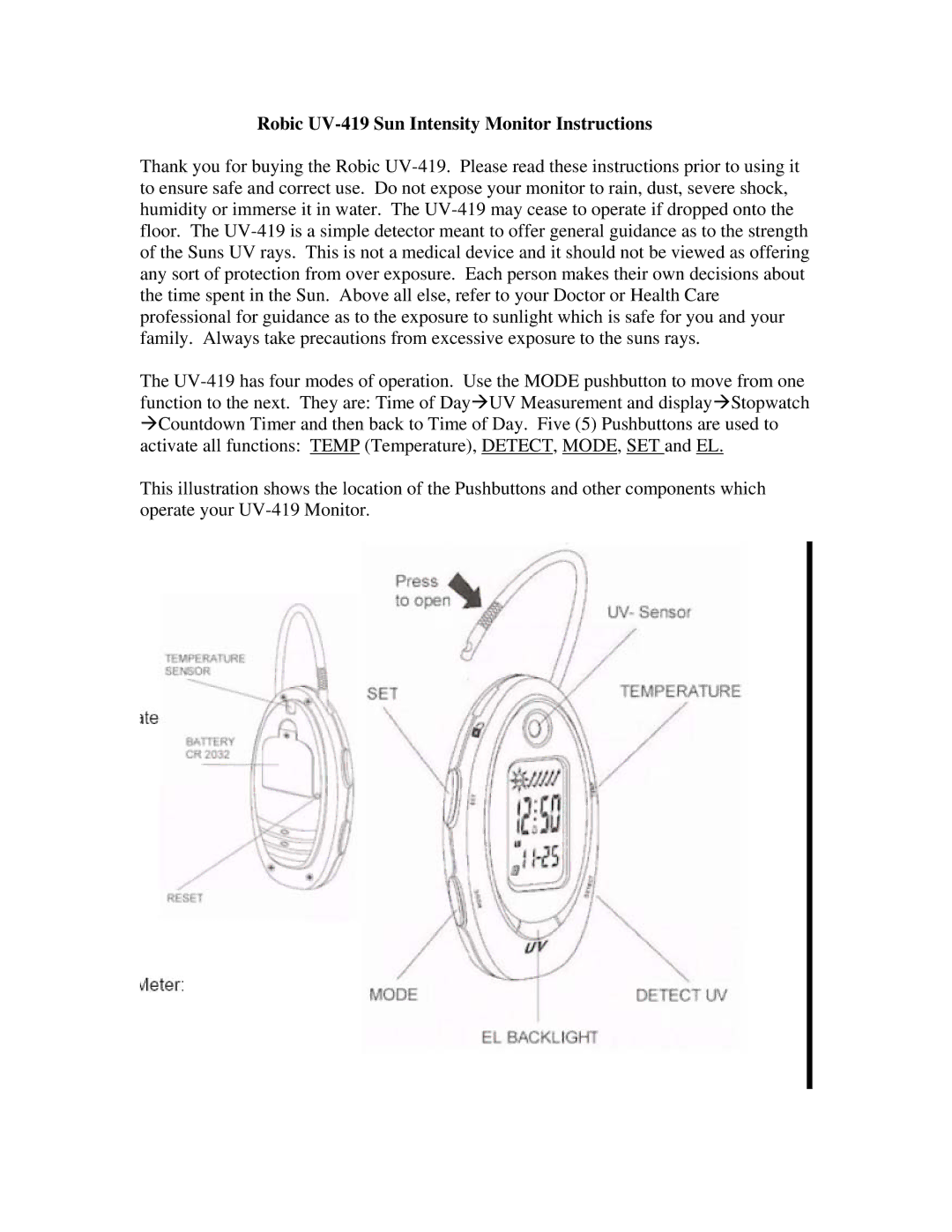 Robic manual Robic UV-419 Sun Intensity Monitor Instructions 