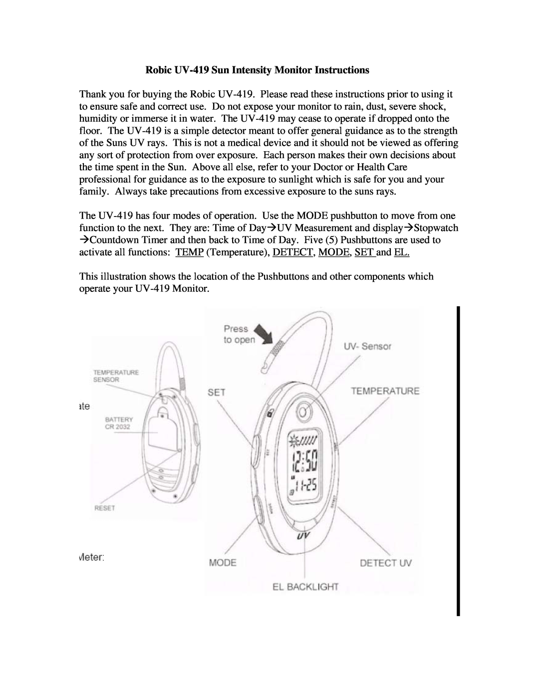 Robic manual Robic UV-419Sun Intensity Monitor Instructions 