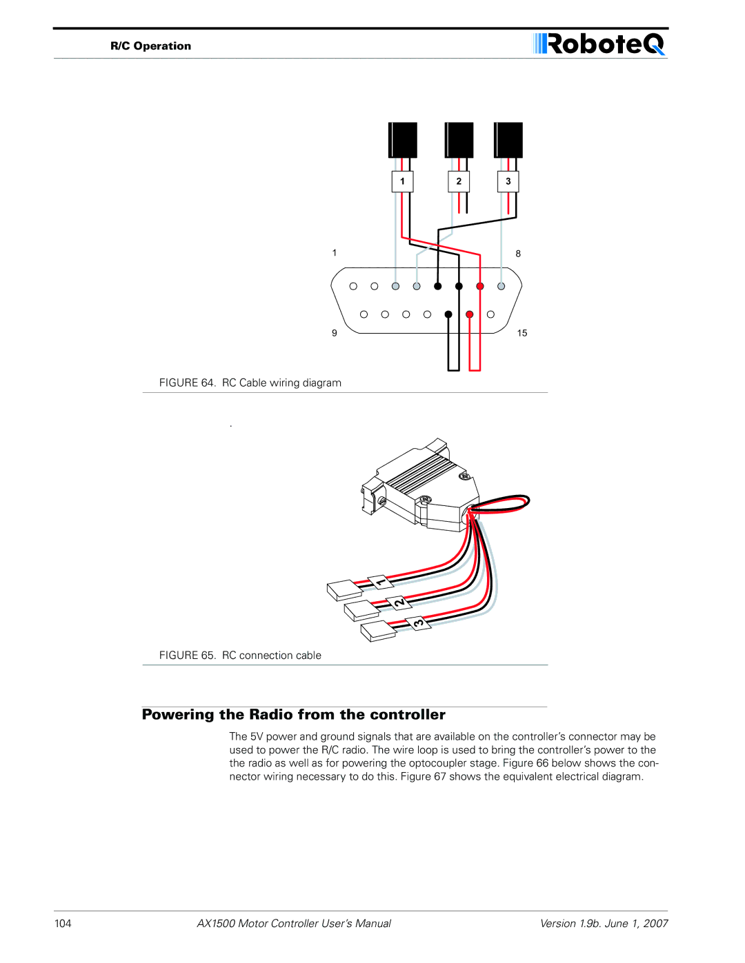 RoboteQ AX2550, AX1500 user manual Powering the Radio from the controller, RC Cable wiring diagram 