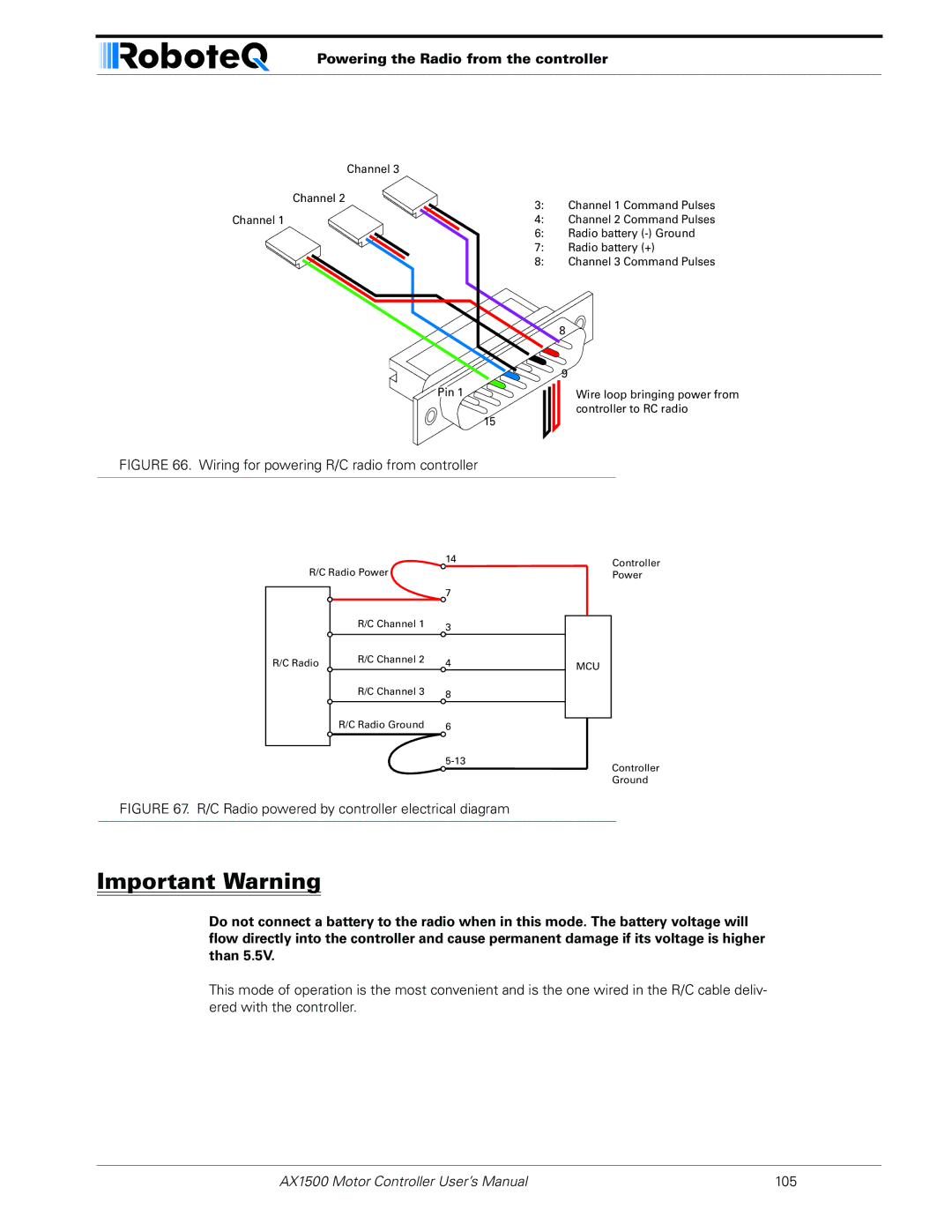 RoboteQ AX1500, AX2550 user manual Powering the Radio from the controller, Wiring for powering R/C radio from controller 