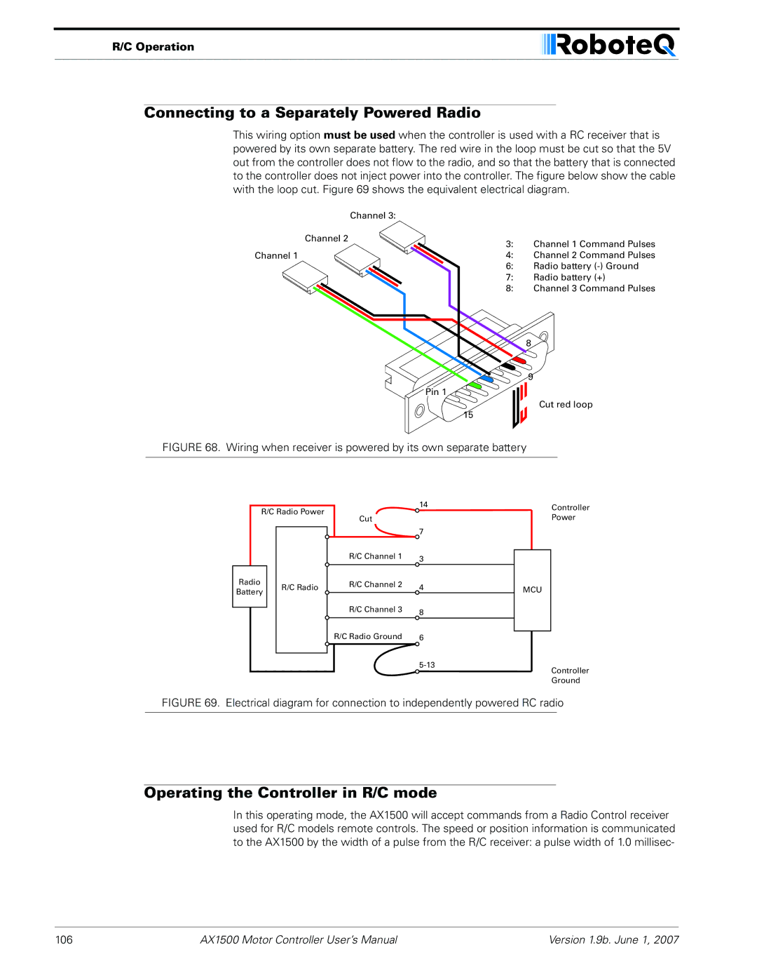 RoboteQ AX2550, AX1500 user manual Connecting to a Separately Powered Radio, Operating the Controller in R/C mode 