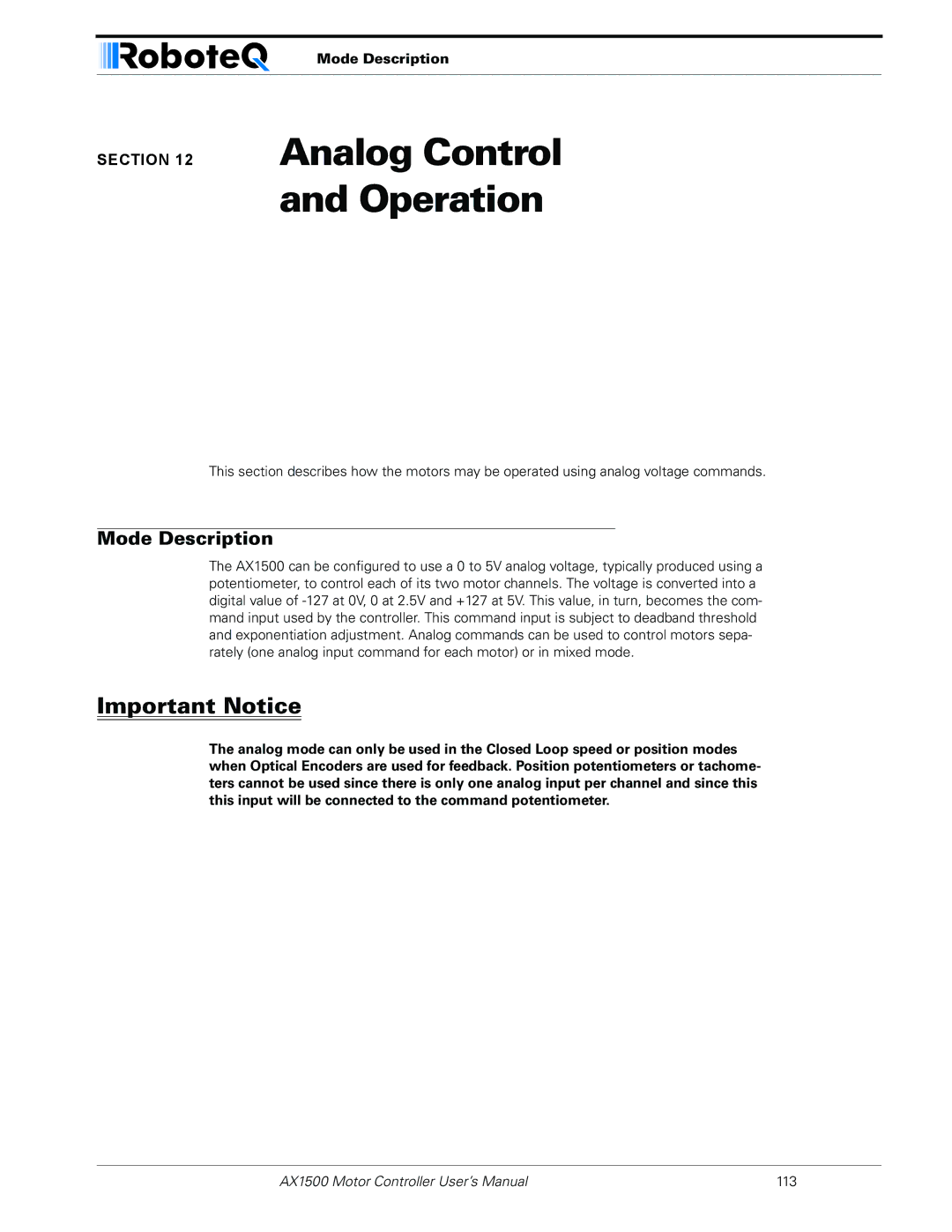 RoboteQ AX1500, AX2550 user manual Analog Control and Operation, Mode Description 