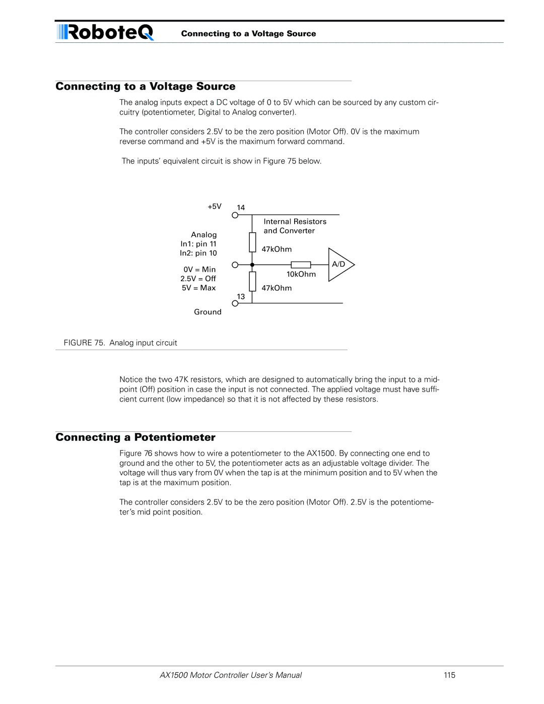 RoboteQ AX1500, AX2550 user manual Connecting to a Voltage Source, Connecting a Potentiometer 