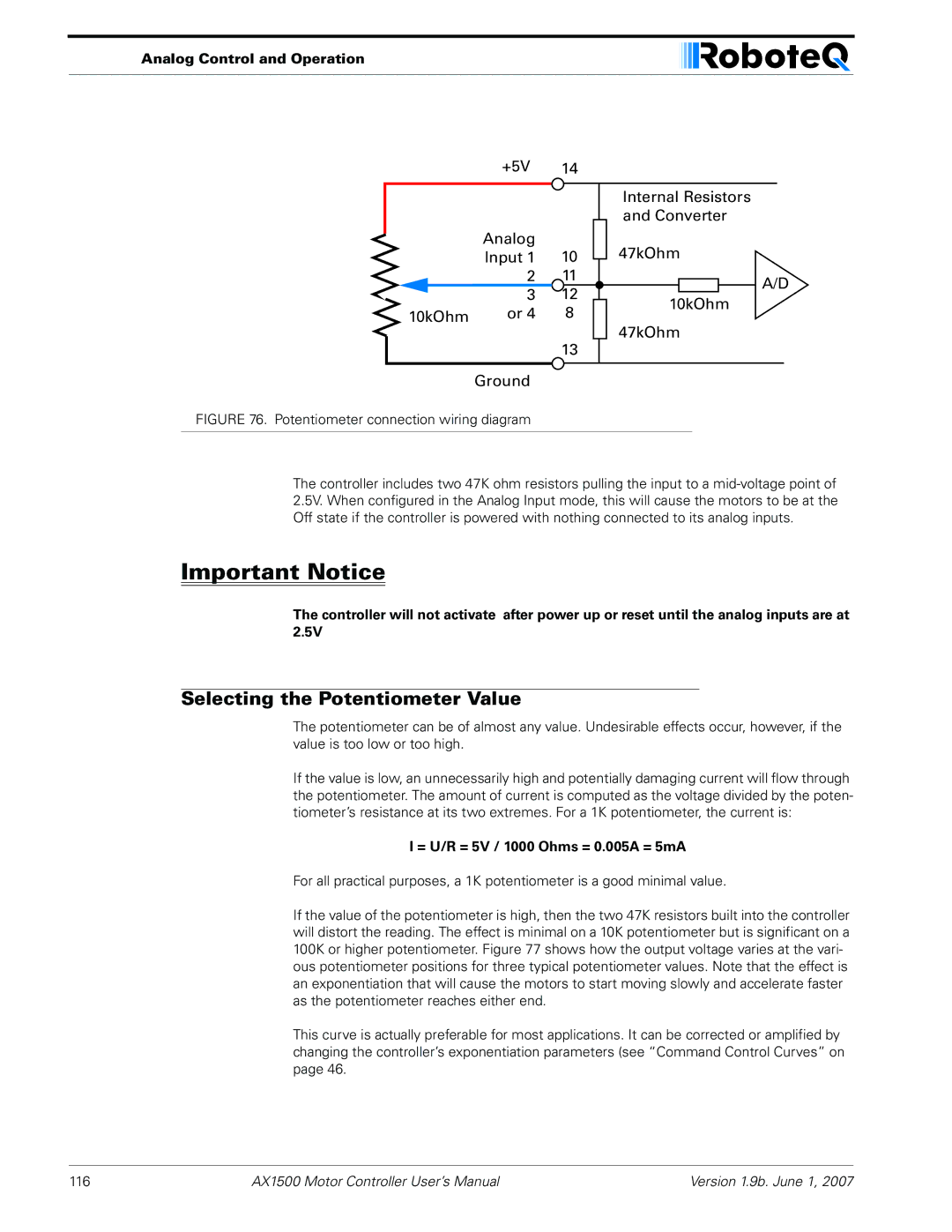 RoboteQ AX2550, AX1500 user manual Selecting the Potentiometer Value, = U/R = 5V / 1000 Ohms = 0.005A = 5mA 