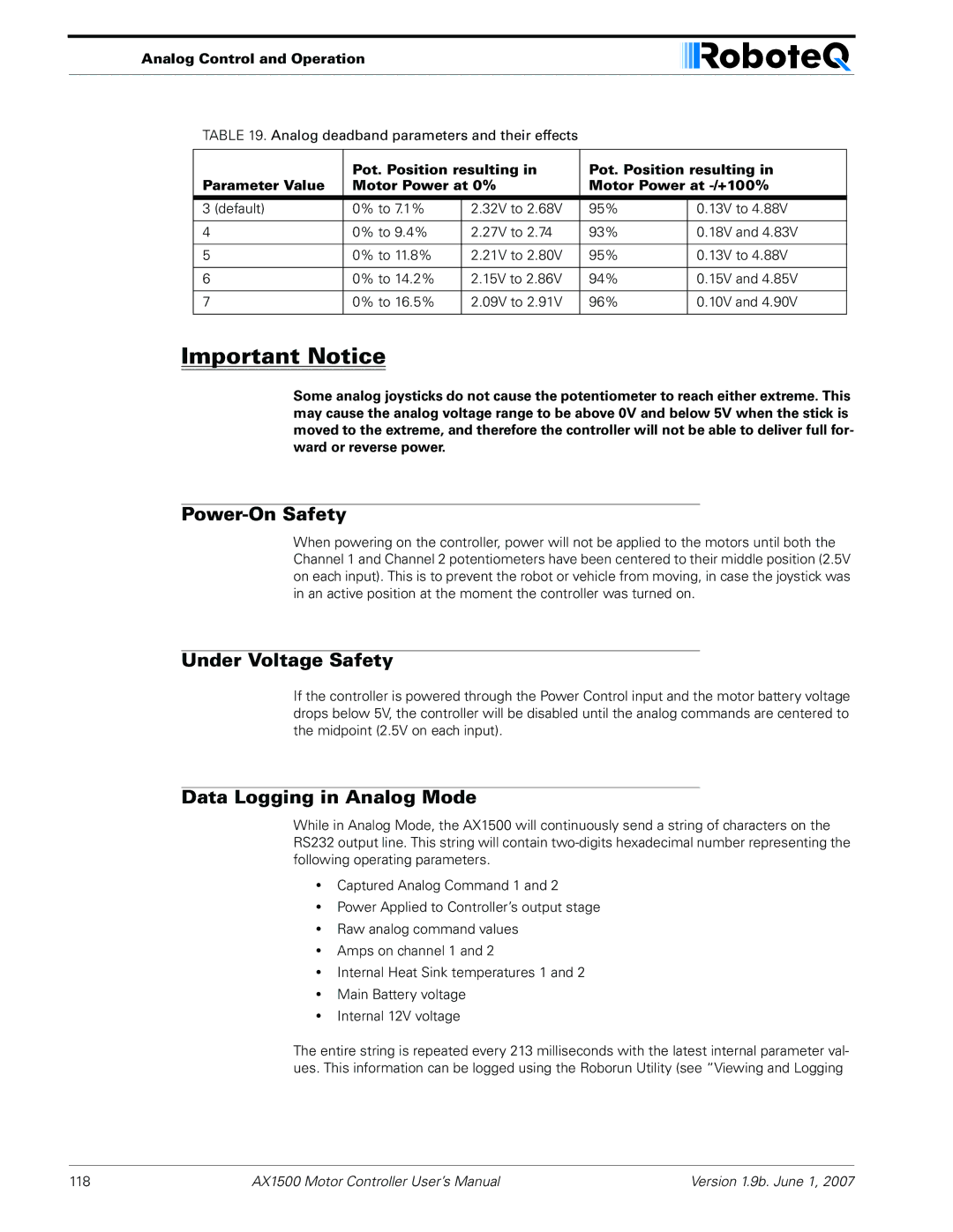 RoboteQ AX2550, AX1500 user manual Power-On Safety, Under Voltage Safety, Data Logging in Analog Mode 