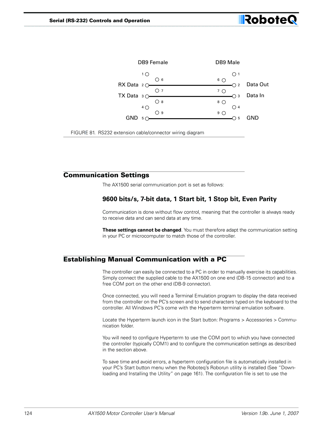 RoboteQ AX2550, AX1500 user manual Communication Settings, Bits/s, 7-bit data, 1 Start bit, 1 Stop bit, Even Parity 