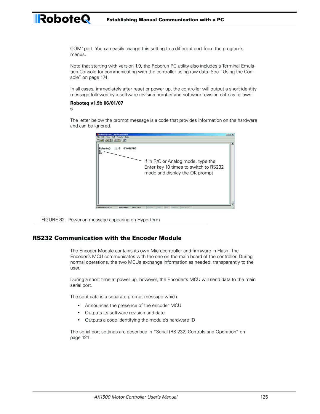 RoboteQ AX1500, AX2550 user manual RS232 Communication with the Encoder Module, Establishing Manual Communication with a PC 