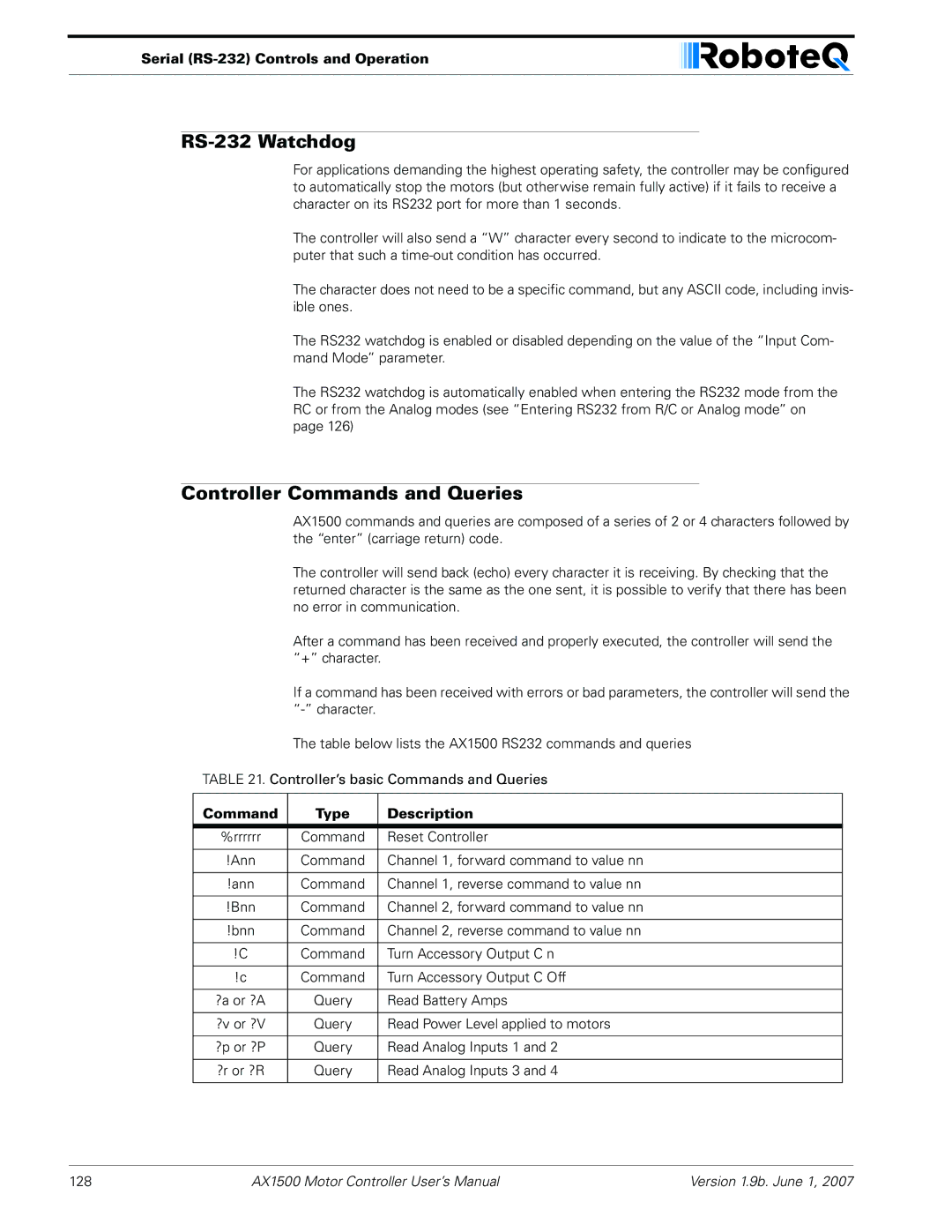 RoboteQ AX2550, AX1500 user manual RS-232 Watchdog, Controller Commands and Queries, Command Type Description 