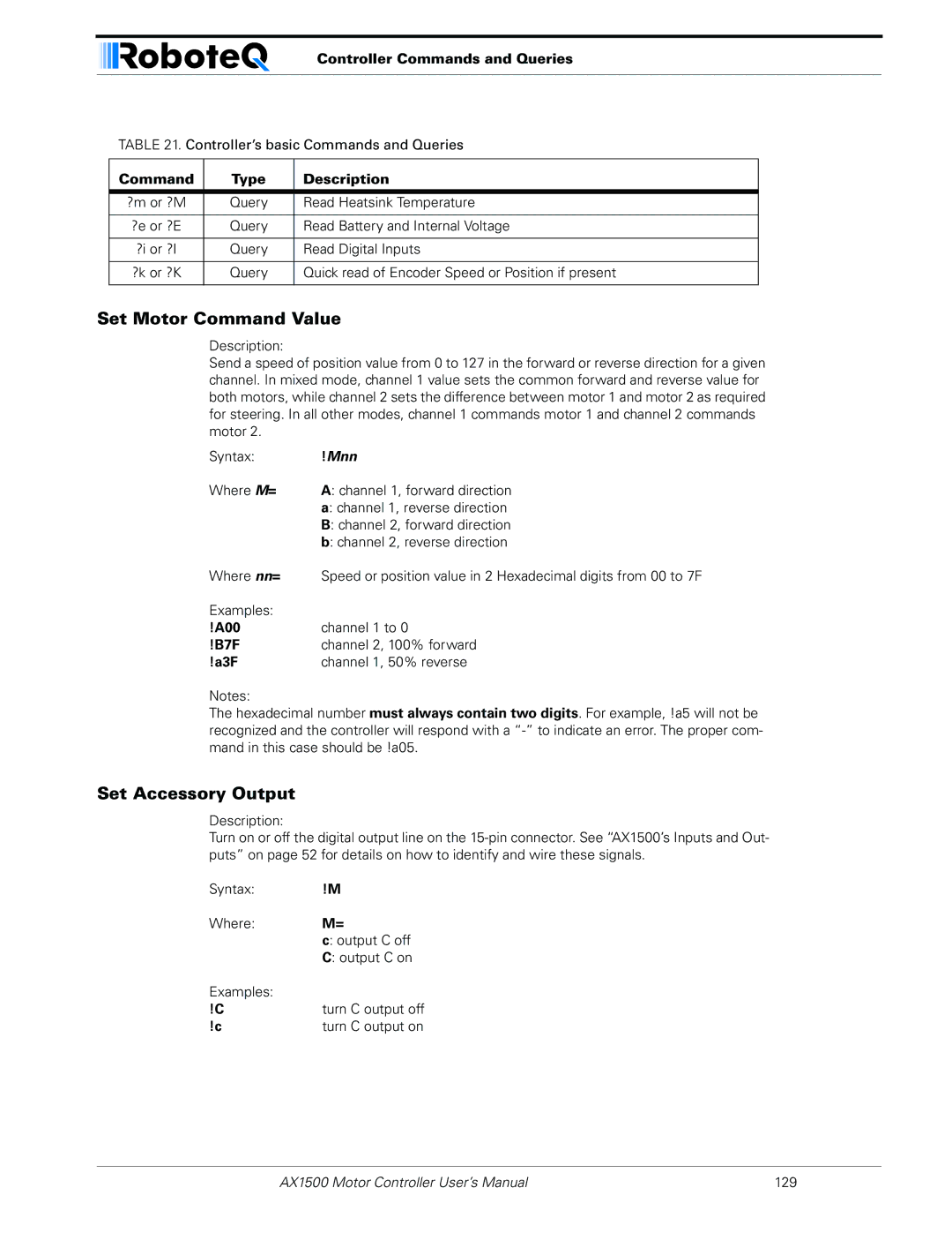 RoboteQ AX1500, AX2550 user manual Set Motor Command Value, Set Accessory Output, Controller Commands and Queries 