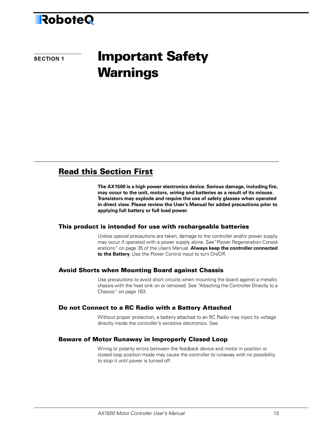 RoboteQ AX1500, AX2550 user manual Important Safety, Do not Connect to a RC Radio with a Battery Attached 