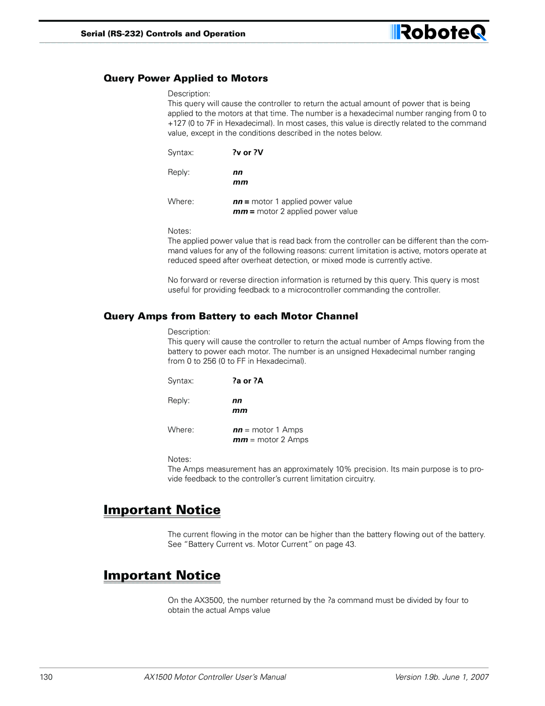 RoboteQ AX2550, AX1500 user manual Query Power Applied to Motors, Query Amps from Battery to each Motor Channel, Syntax 