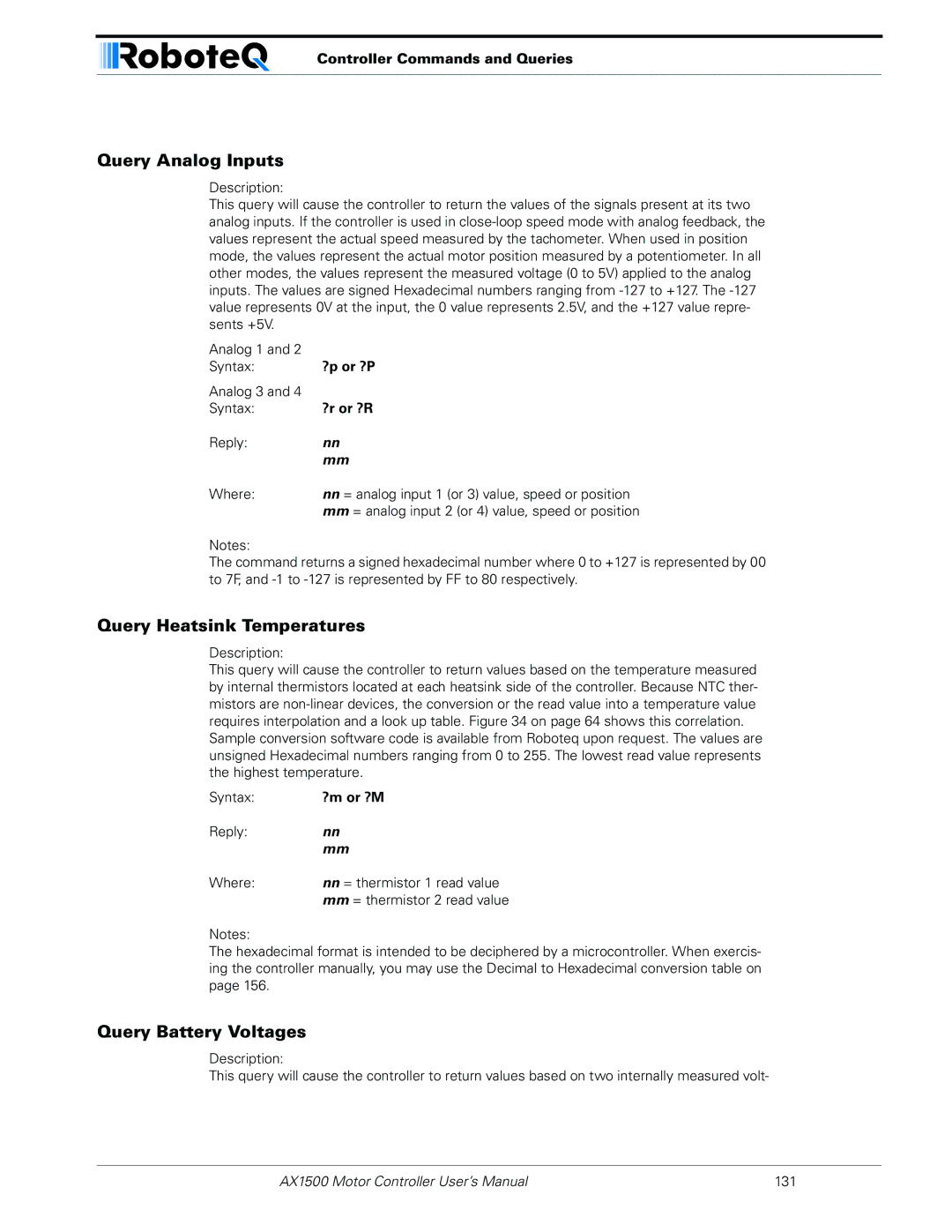 RoboteQ AX1500, AX2550 Query Analog Inputs, Query Heatsink Temperatures, Query Battery Voltages, ?r or ?R, ?m or ?M 