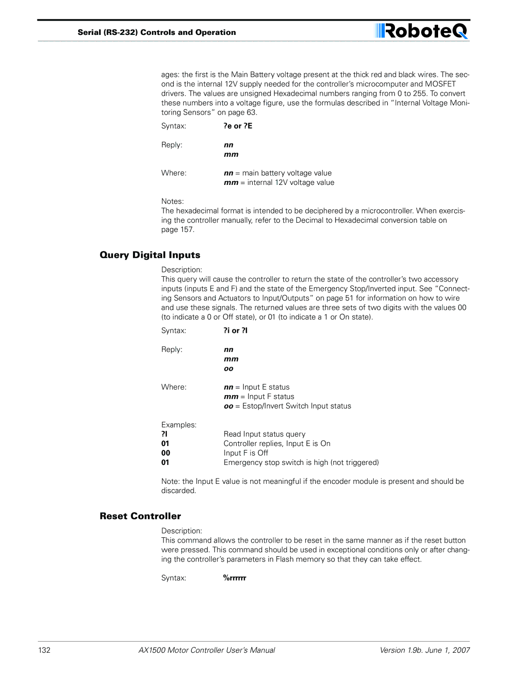 RoboteQ AX2550, AX1500 user manual Query Digital Inputs, Reset Controller 