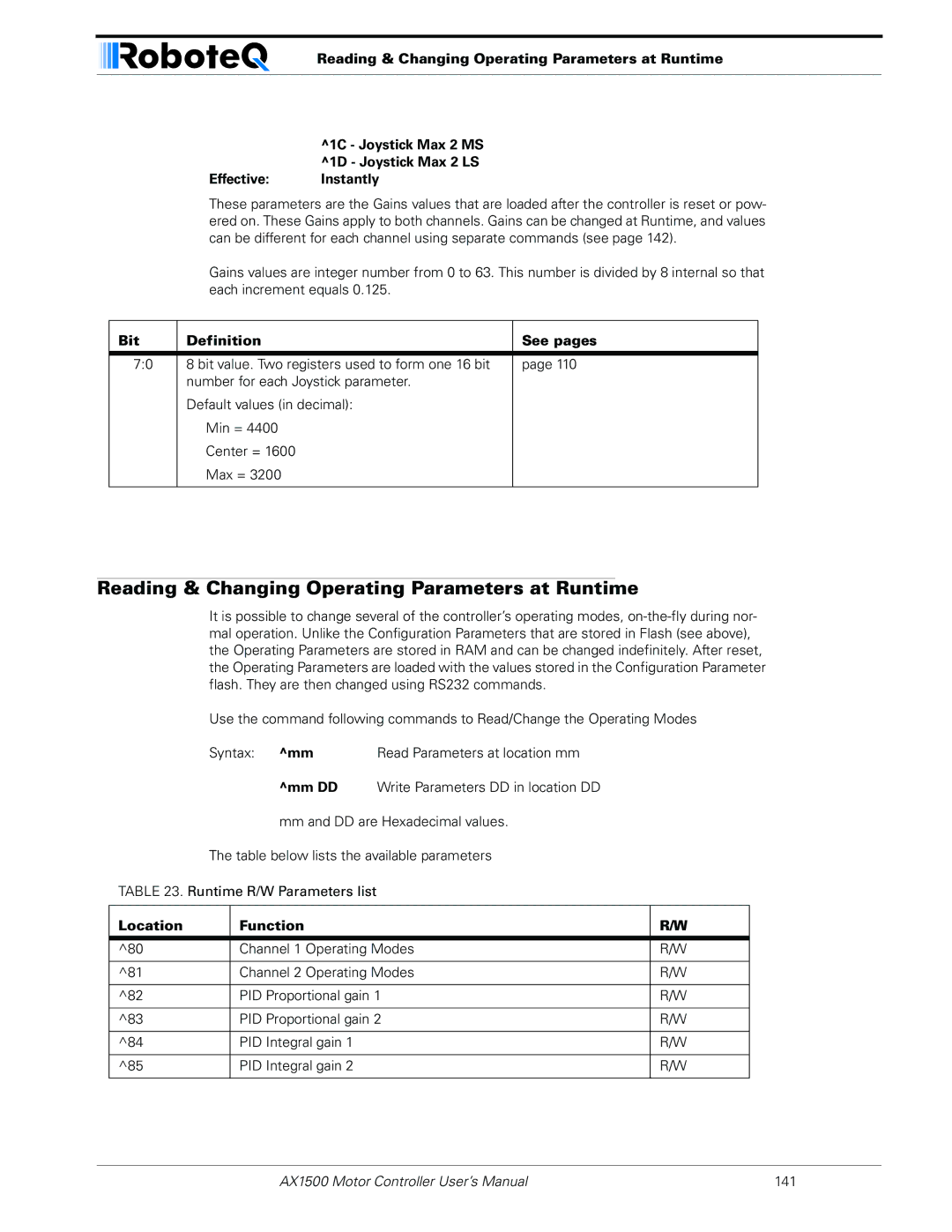 RoboteQ AX1500, AX2550 user manual Reading & Changing Operating Parameters at Runtime, Location Function 