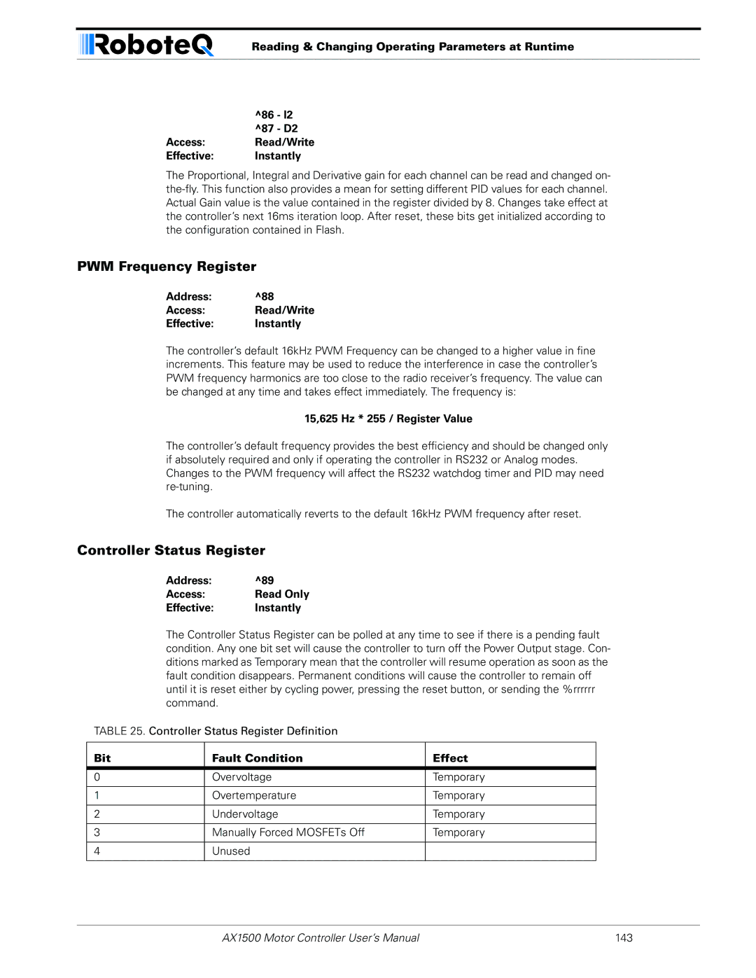 RoboteQ AX1500, AX2550 user manual PWM Frequency Register, Controller Status Register 