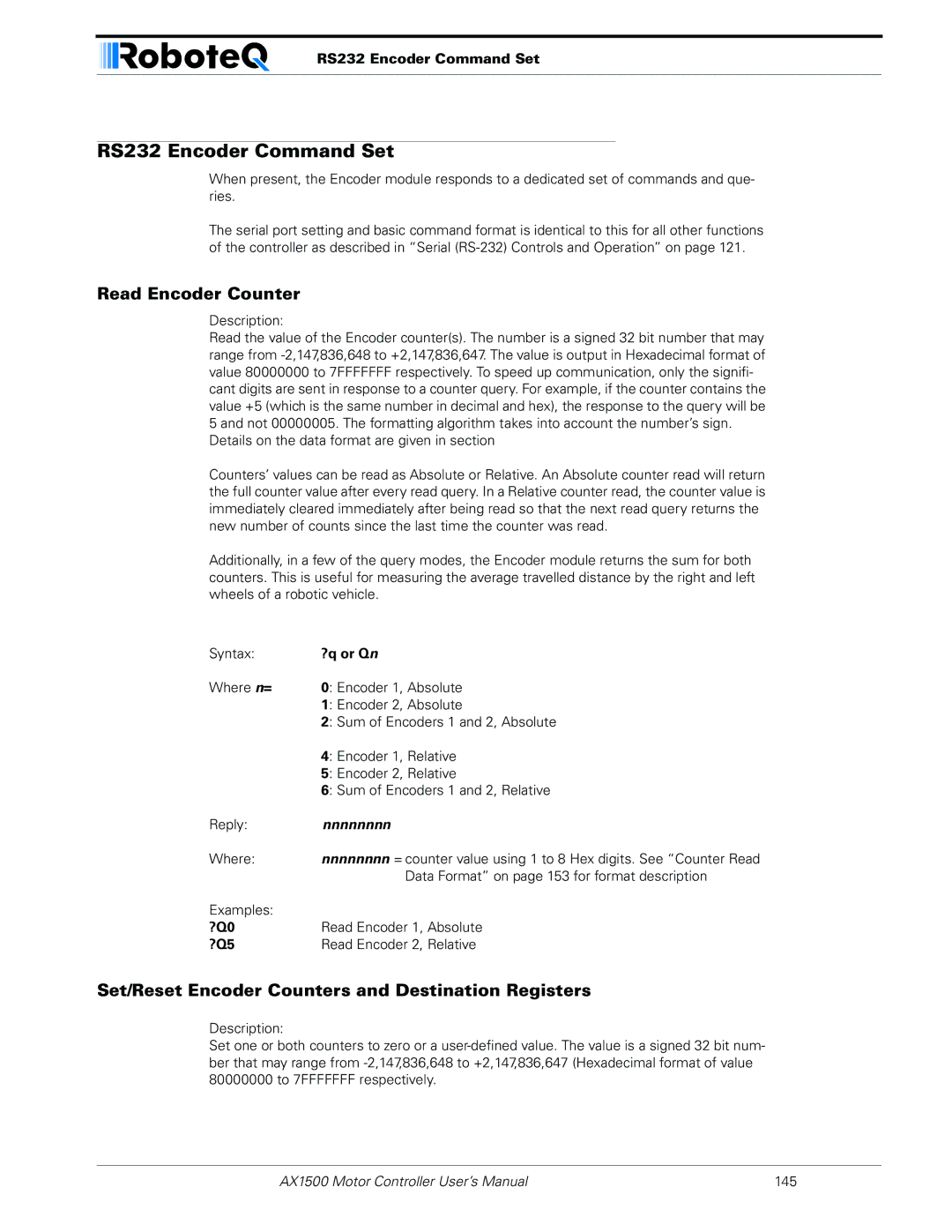 RoboteQ AX1500 RS232 Encoder Command Set, Read Encoder Counter, Set/Reset Encoder Counters and Destination Registers 