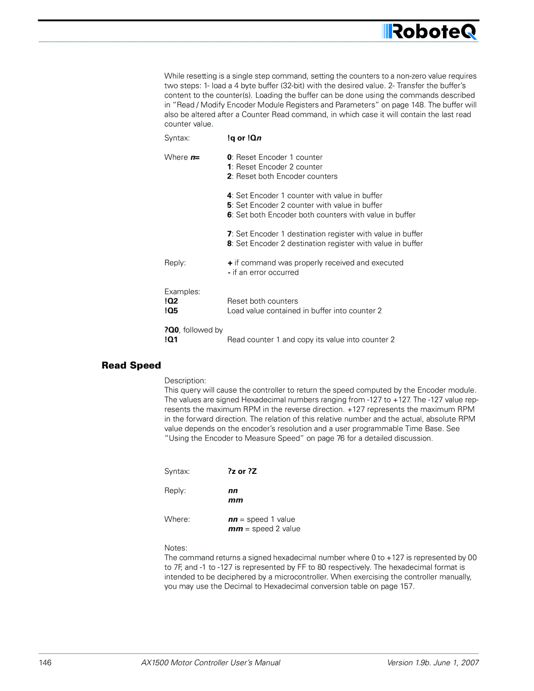 RoboteQ AX2550, AX1500 user manual Read Speed, Or !Q n 