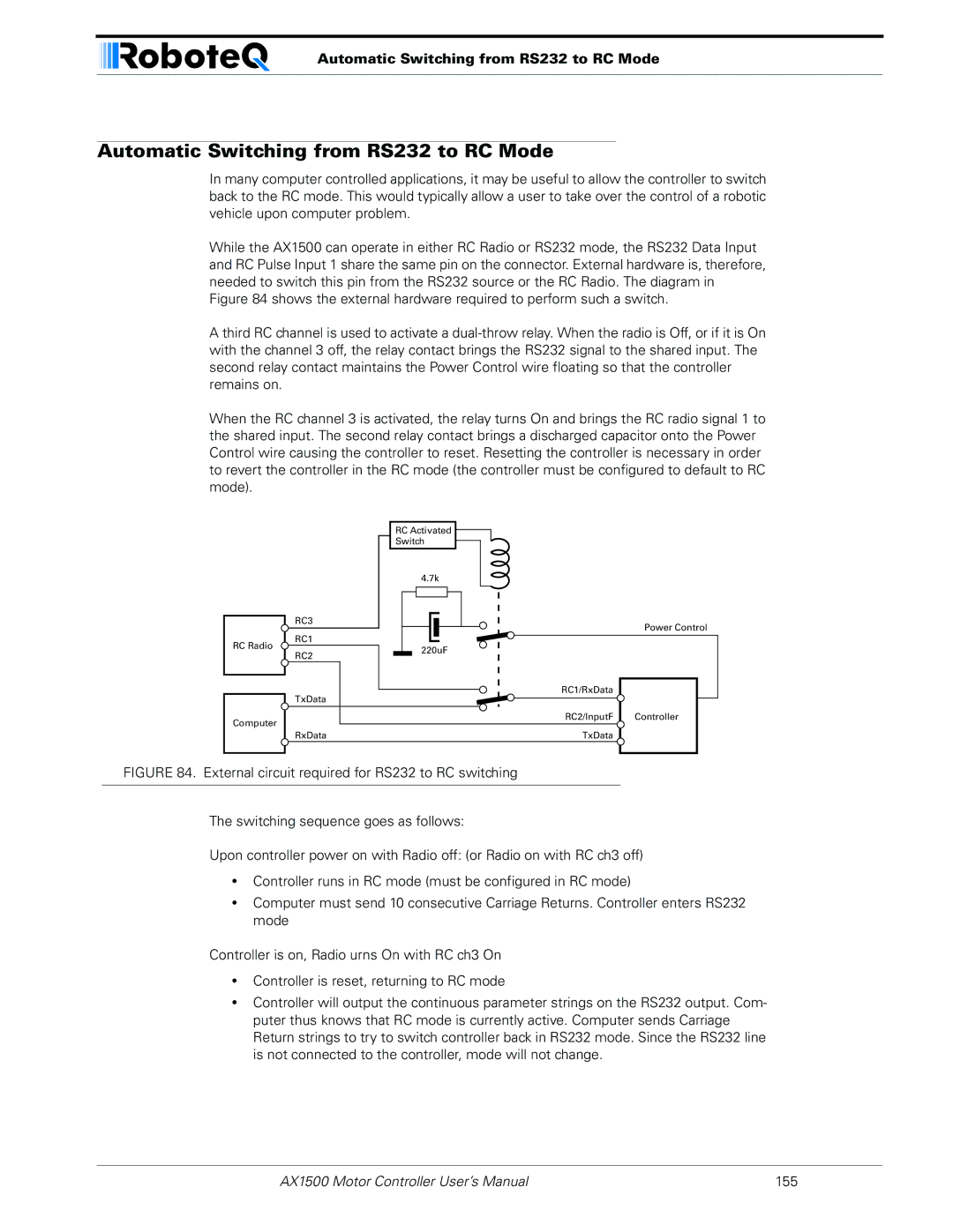 RoboteQ AX1500, AX2550 user manual Automatic Switching from RS232 to RC Mode 