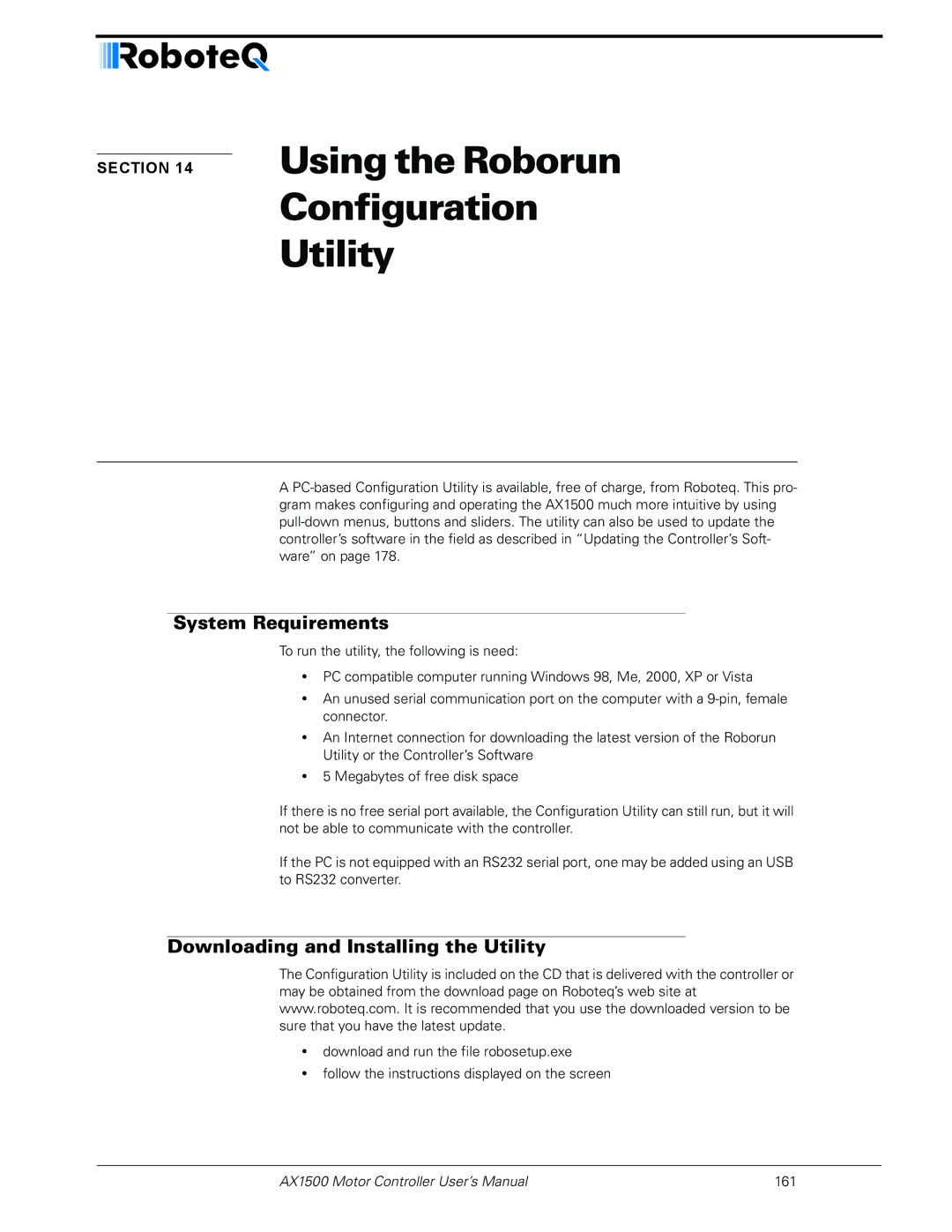 RoboteQ AX1500 Using the Roborun Configuration Utility, System Requirements, Downloading and Installing the Utility 