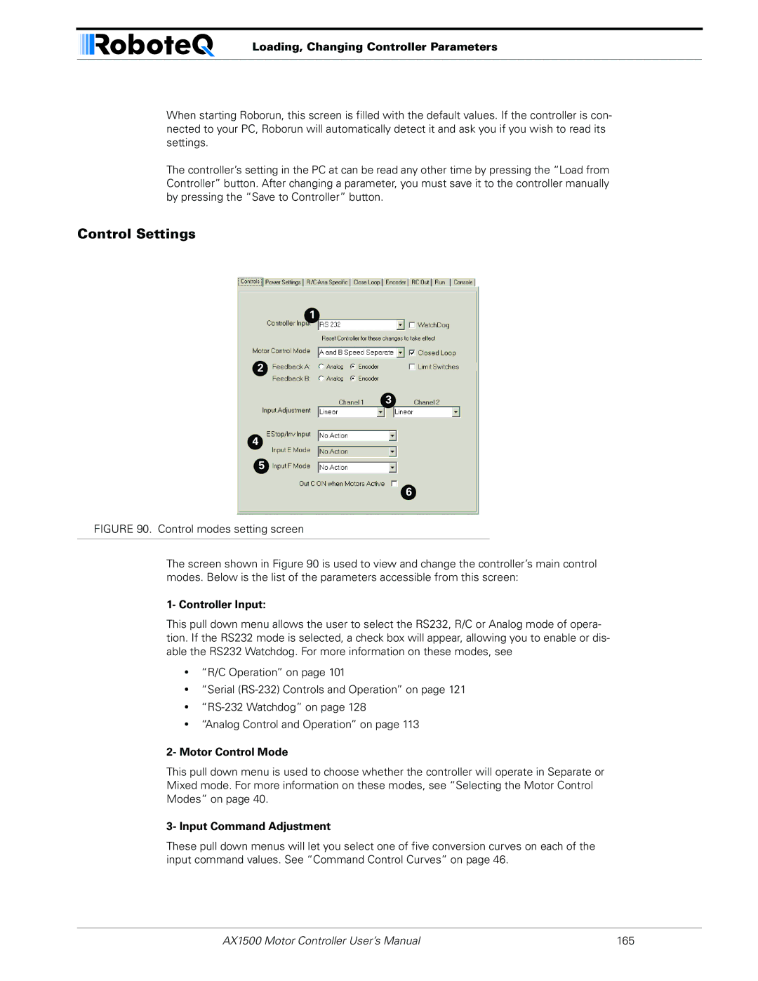 RoboteQ AX1500, AX2550 Control Settings, Loading, Changing Controller Parameters, Controller Input, Motor Control Mode 