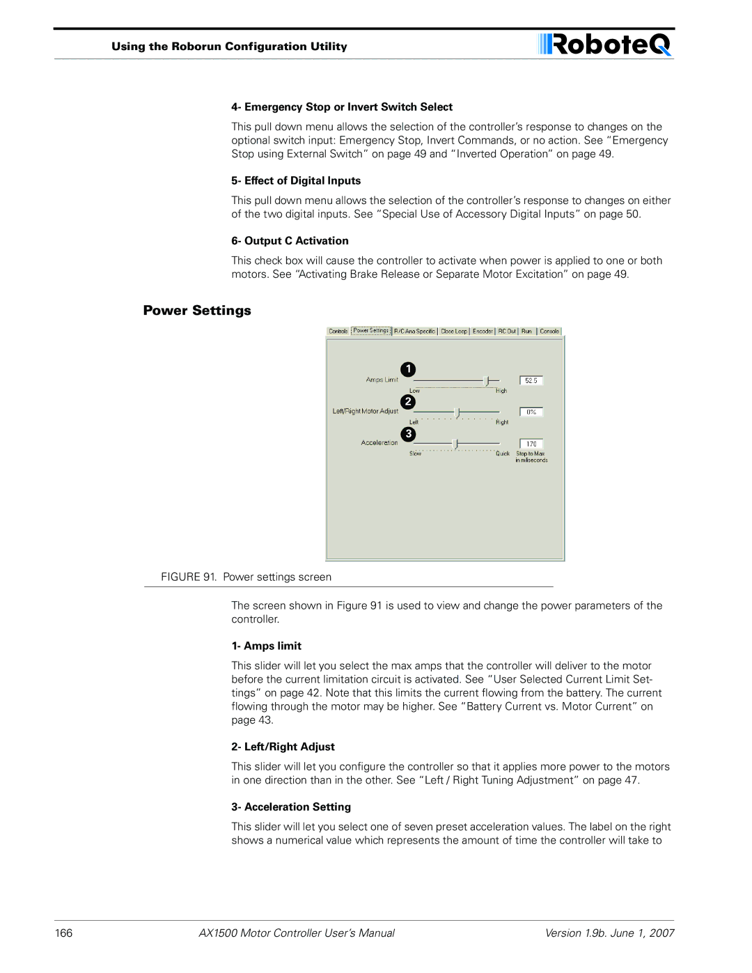 RoboteQ AX2550, AX1500 user manual Power Settings 