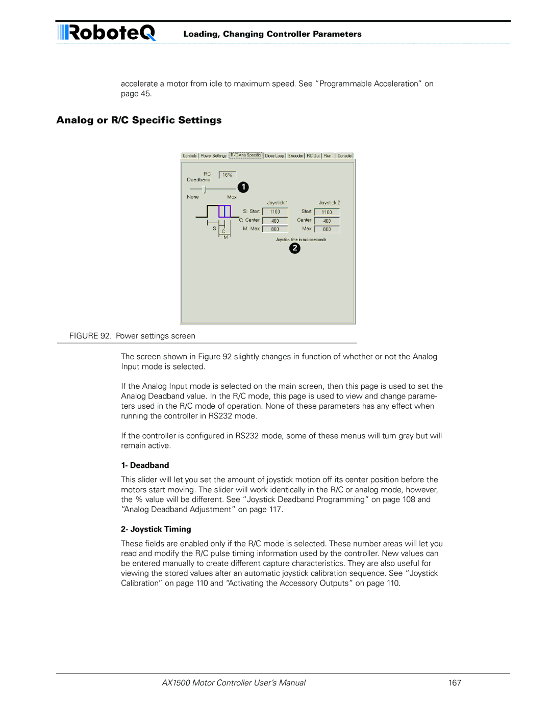 RoboteQ AX1500, AX2550 user manual Analog or R/C Specific Settings, Deadband, Joystick Timing 