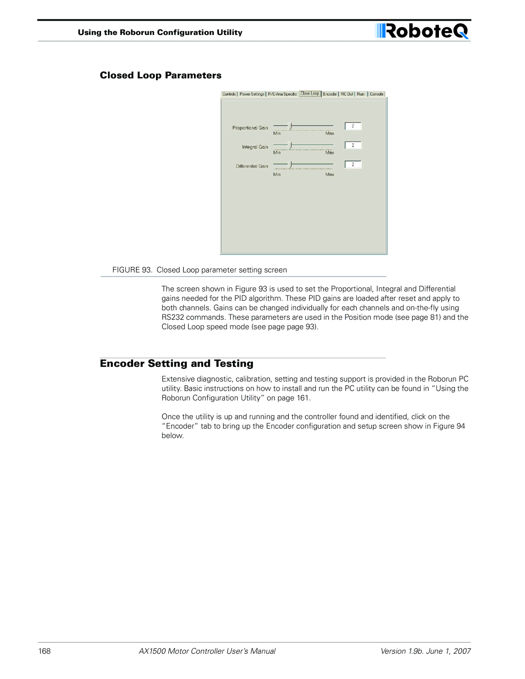 RoboteQ AX2550, AX1500 user manual Encoder Setting and Testing, Closed Loop Parameters 