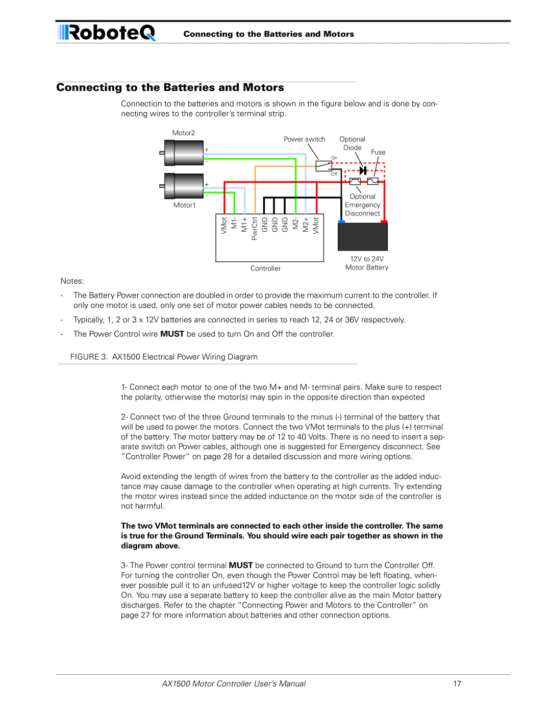 RoboteQ AX1500, AX2550 user manual Connecting to the Batteries and Motors 