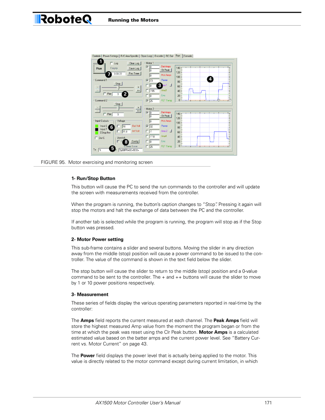 RoboteQ AX1500, AX2550 user manual Running the Motors, Run/Stop Button, Motor Power setting, Measurement 