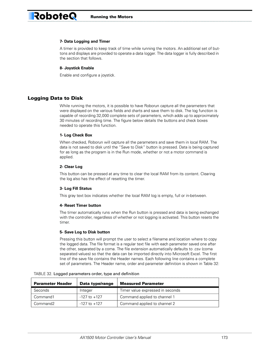 RoboteQ AX1500, AX2550 user manual Logging Data to Disk 