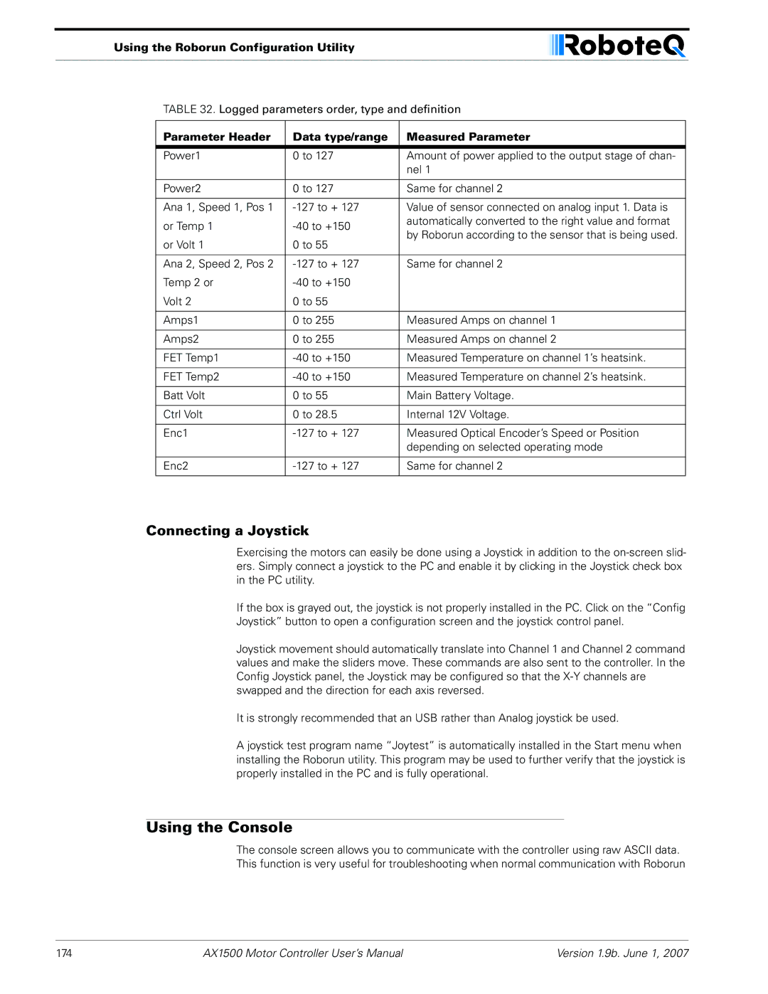 RoboteQ AX2550, AX1500 user manual Using the Console, Connecting a Joystick 