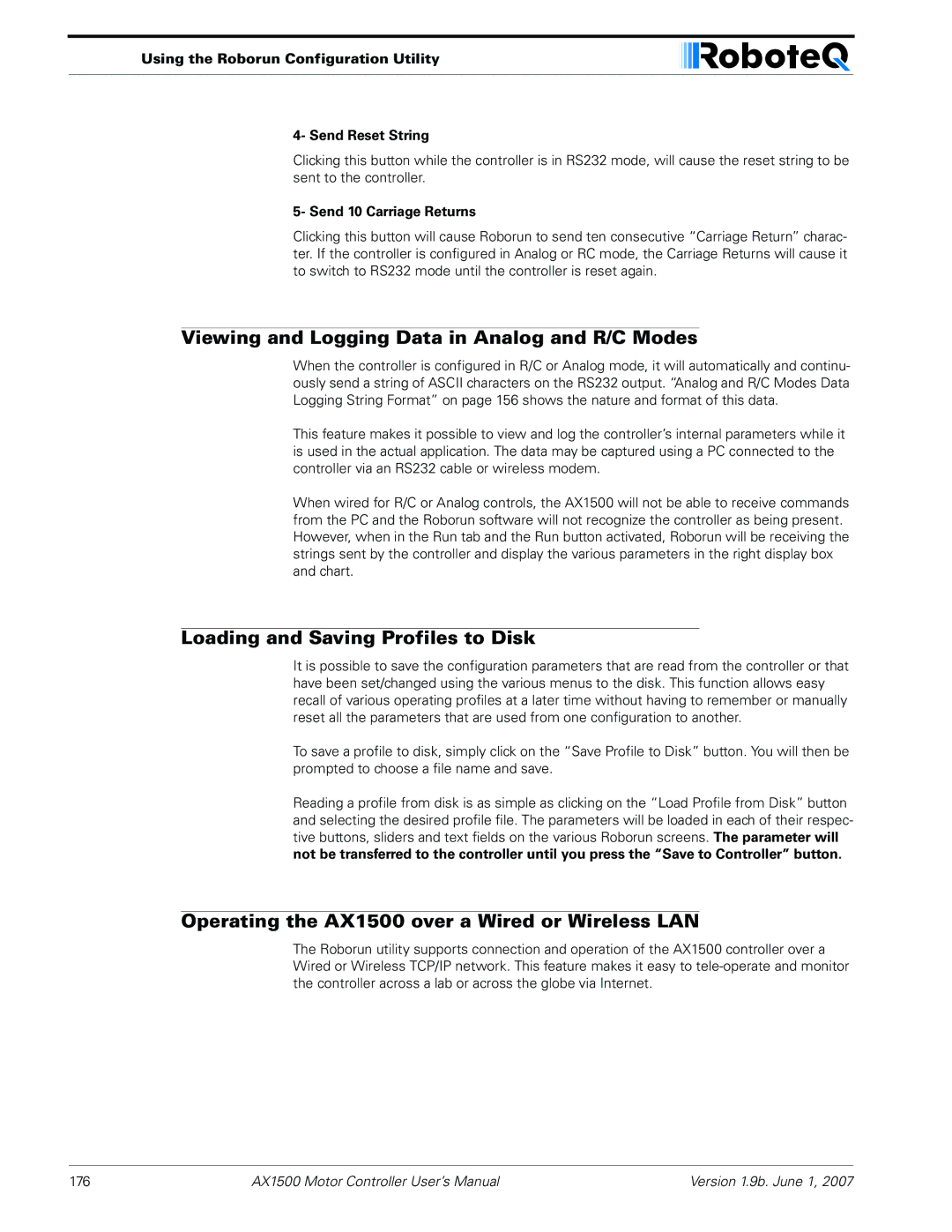 RoboteQ AX2550, AX1500 user manual Viewing and Logging Data in Analog and R/C Modes, Loading and Saving Profiles to Disk 