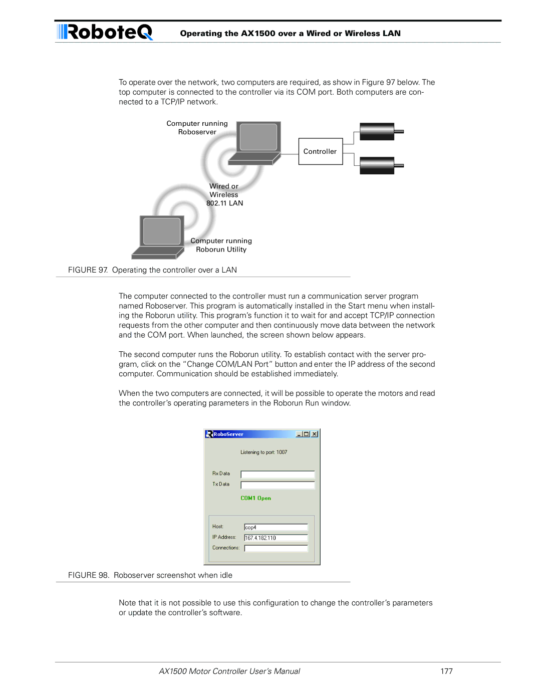 RoboteQ AX2550 user manual Operating the AX1500 over a Wired or Wireless LAN, Roboserver screenshot when idle 