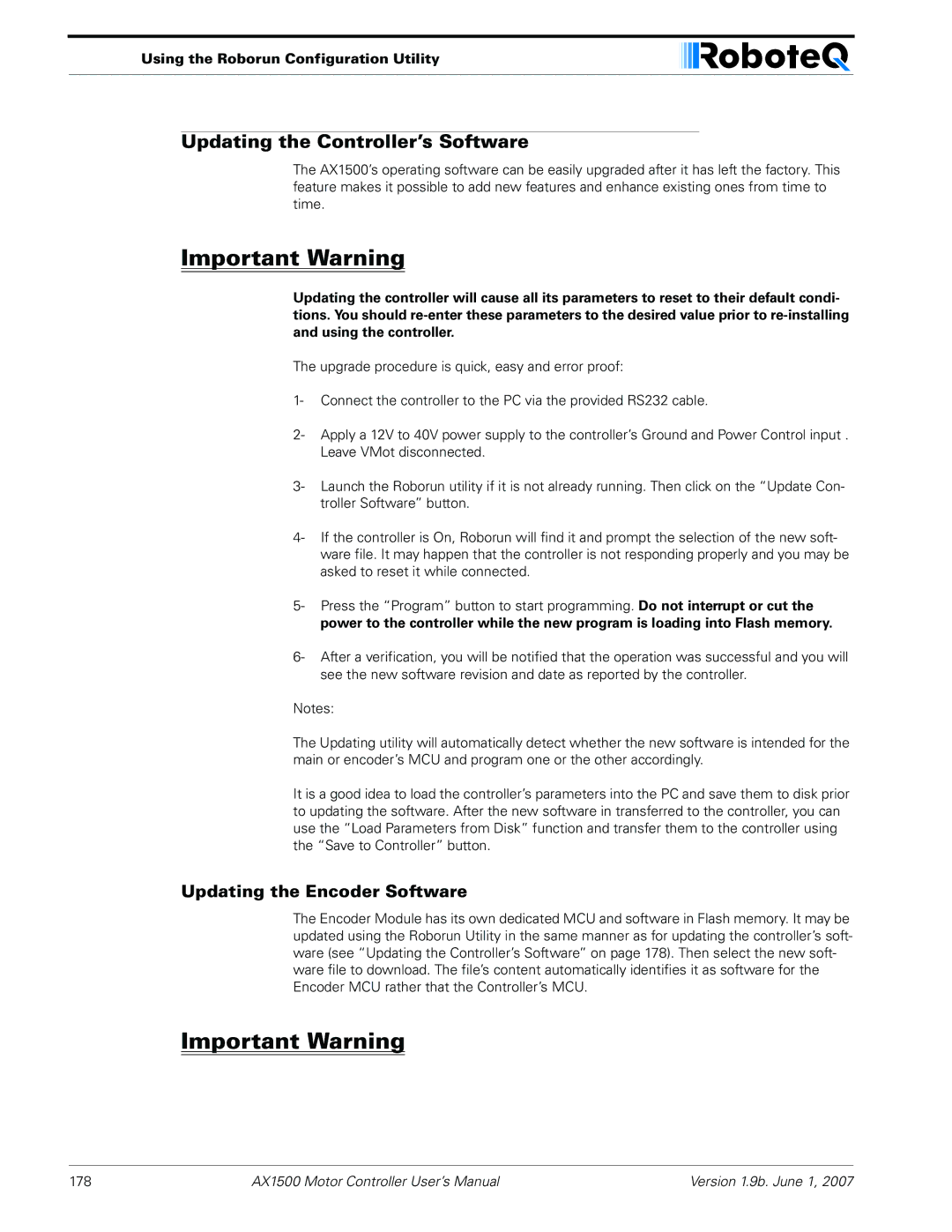 RoboteQ AX2550, AX1500 user manual Updating the Controller’s Software, Updating the Encoder Software 