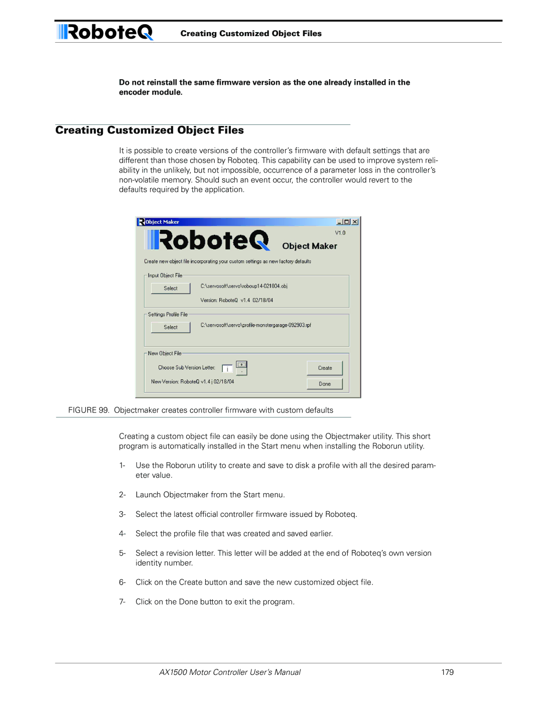 RoboteQ AX1500, AX2550 Creating Customized Object Files, Objectmaker creates controller firmware with custom defaults 