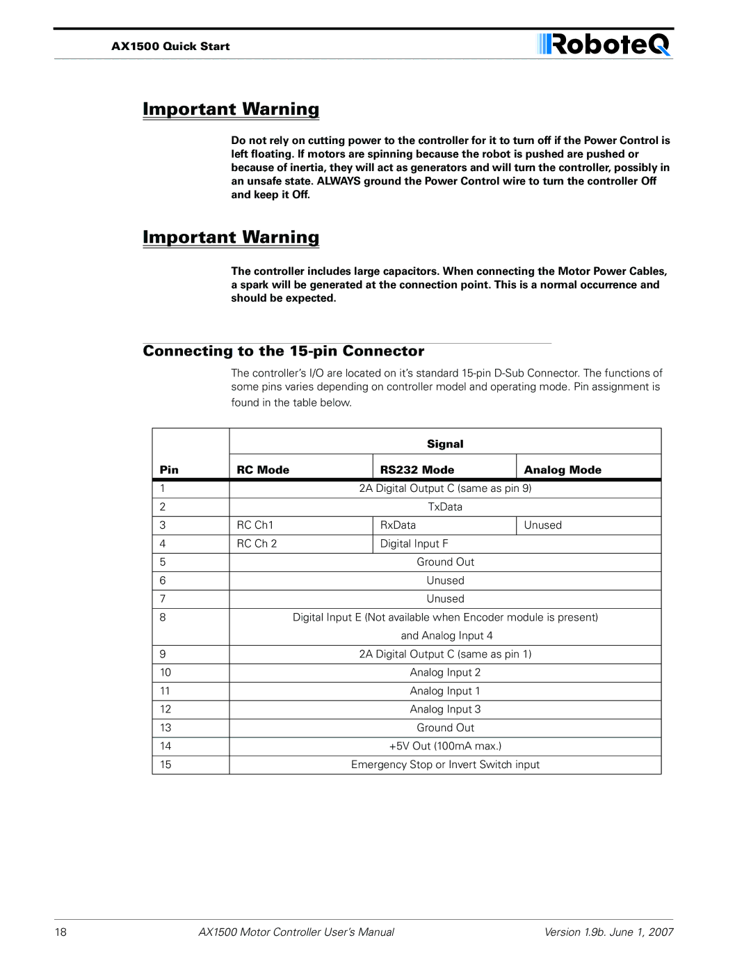 RoboteQ AX2550, AX1500 user manual Connecting to the 15-pin Connector, Signal Pin RC Mode RS232 Mode Analog Mode 