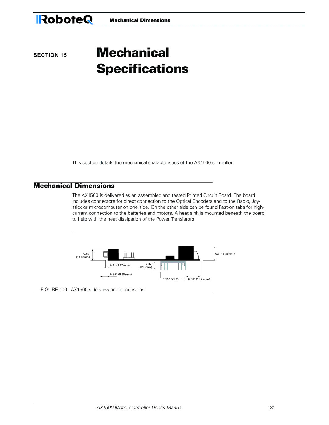 RoboteQ AX1500, AX2550 user manual Mechanical Specifications, Mechanical Dimensions 