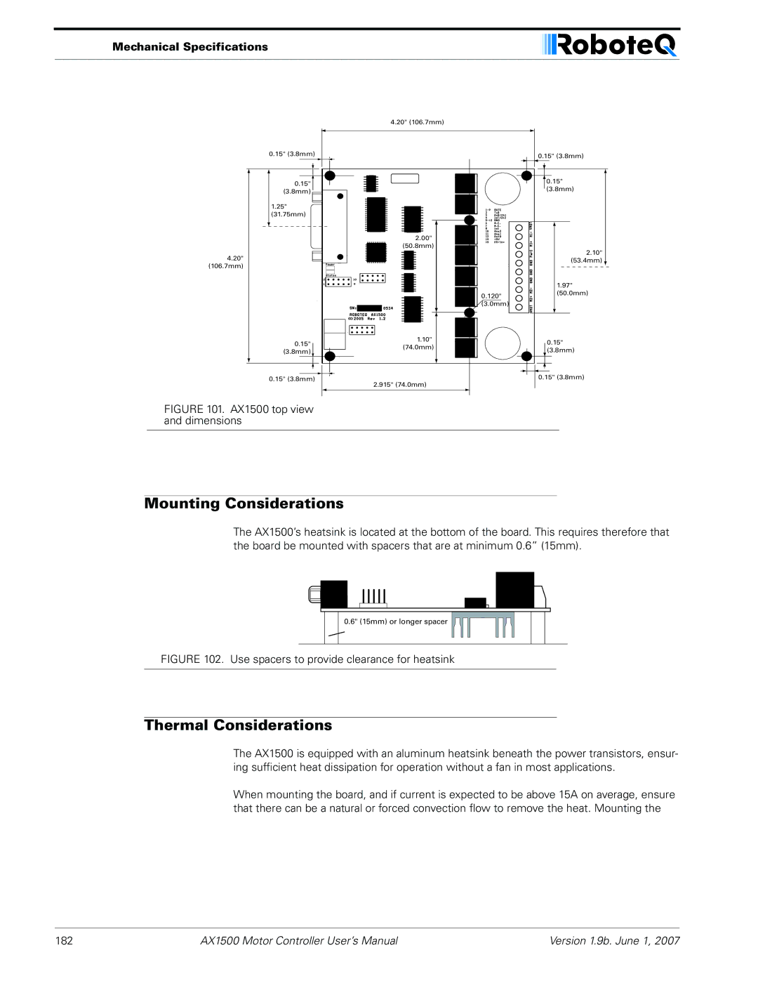 RoboteQ AX2550, AX1500 user manual Mounting Considerations, Thermal Considerations, Mechanical Specifications 