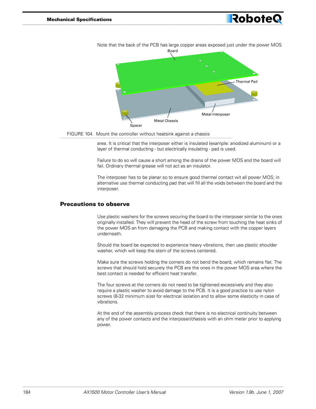 RoboteQ AX2550, AX1500 user manual Precautions to observe 