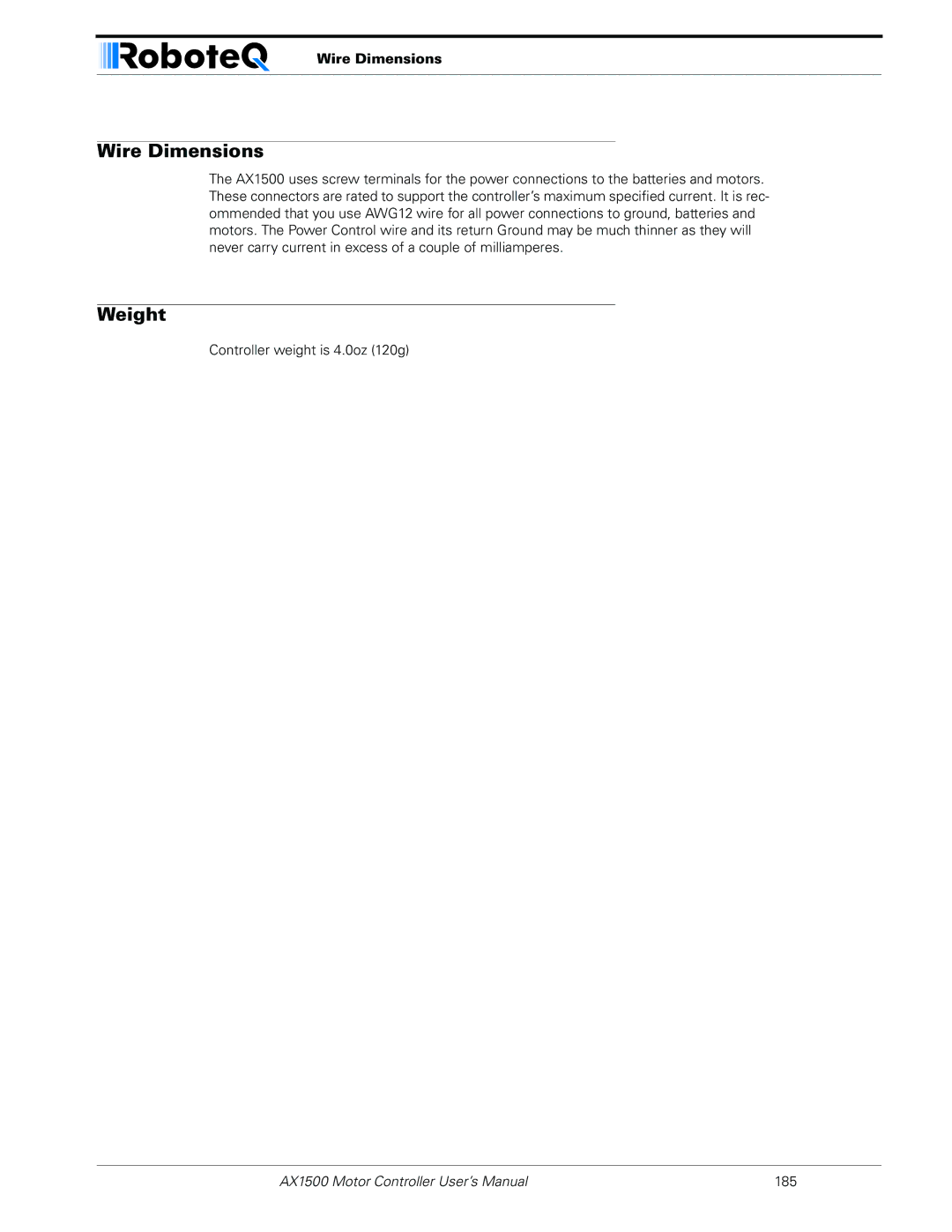 RoboteQ AX1500, AX2550 user manual Wire Dimensions, Weight 