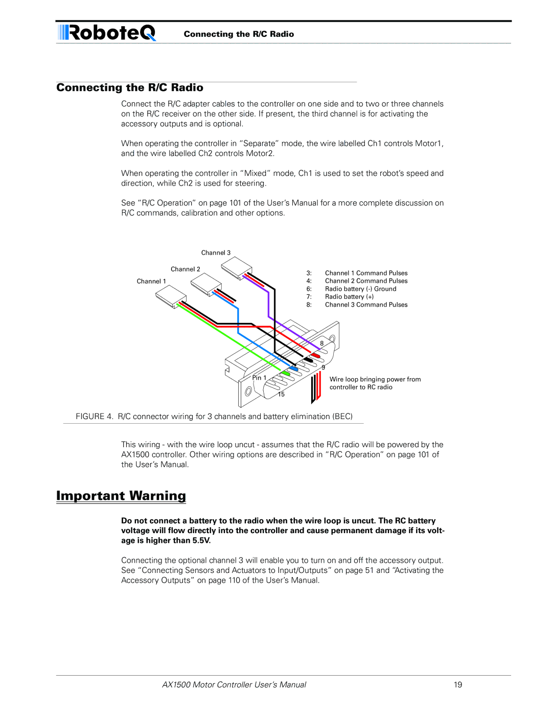 RoboteQ AX1500, AX2550 user manual Connecting the R/C Radio 