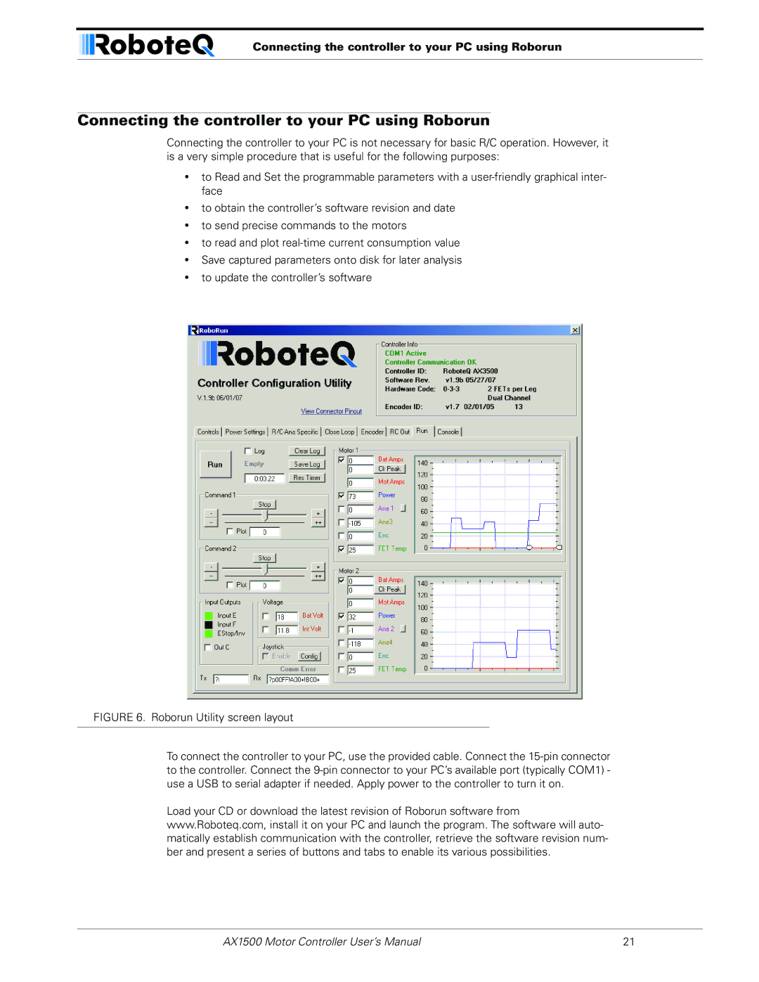 RoboteQ AX1500, AX2550 user manual Connecting the controller to your PC using Roborun 