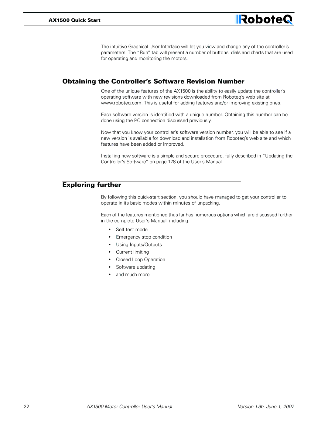 RoboteQ AX2550, AX1500 user manual Obtaining the Controller’s Software Revision Number, Exploring further 