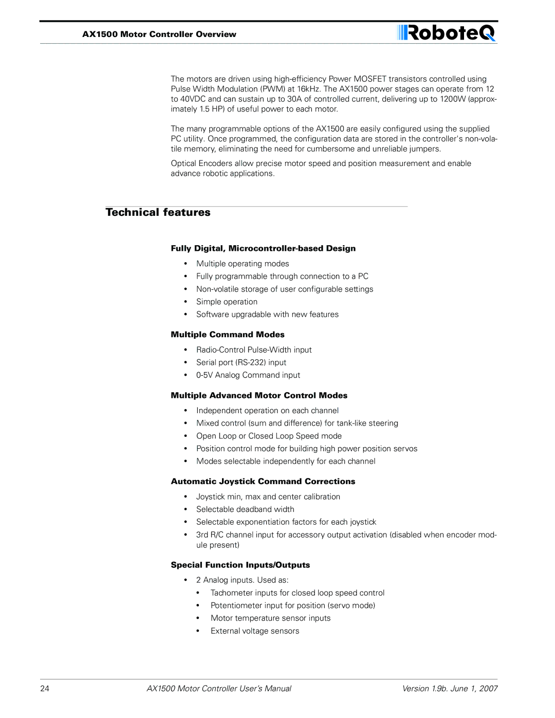 RoboteQ AX2550, AX1500 user manual Technical features 